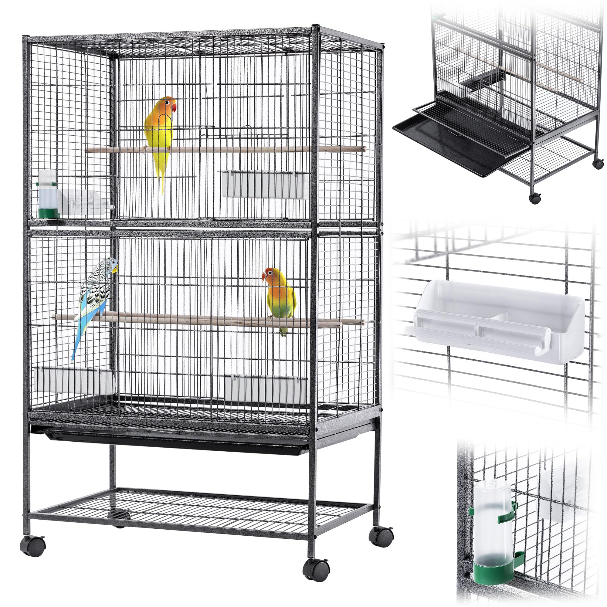 KADAX Pajarera de 79 x 52 x 133 cm, jaula para pájaros con ruedas, con perchas, comederos y dispensadores de agua, comedero de metal, jaula para periquitos, jaula para loros