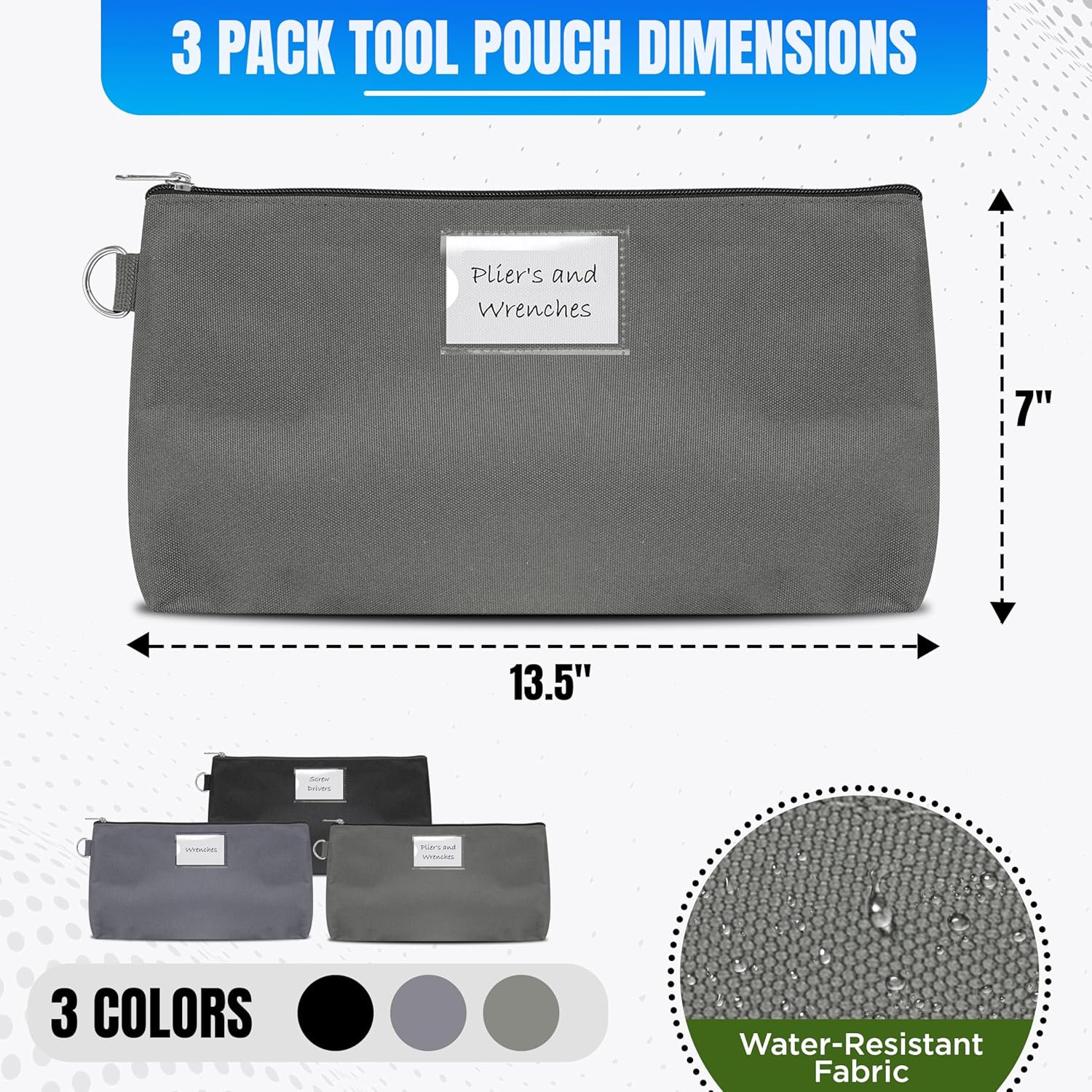 Premium Small Tool Pouch Bags with Zipper YKK Durability - Heavy Duty - Anti Tear - Water-Resistant - Name Tags, Multipurpose Small Tool Bags, 3 Colors (7" X 13.5")