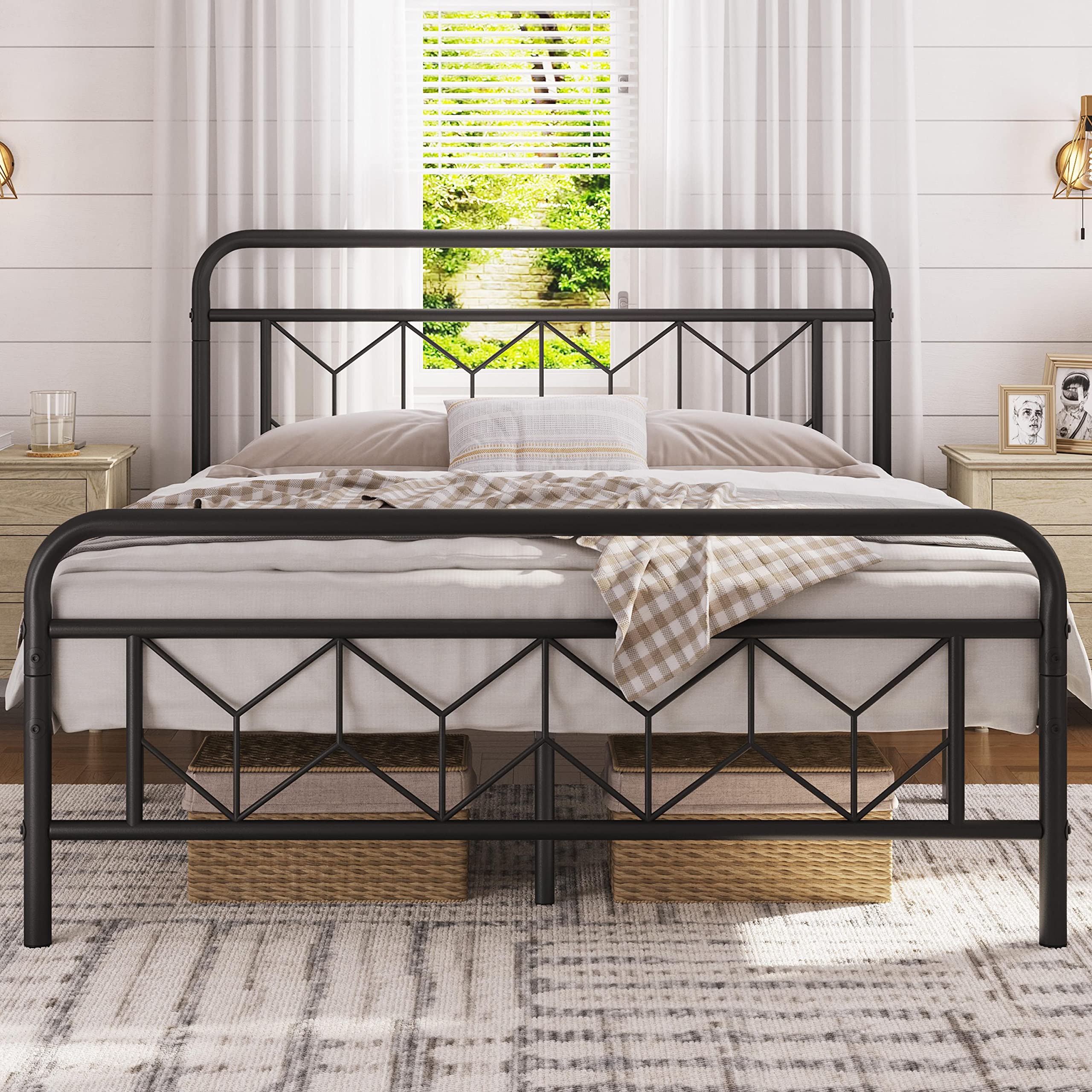 Topeakmart Full Bed Frames Metal Platform Bed with Vintage Style Headboard/Mattress Foundation/No Box Spring Needed/Under Bed Storage/Strong Slat Support Black Full Bed