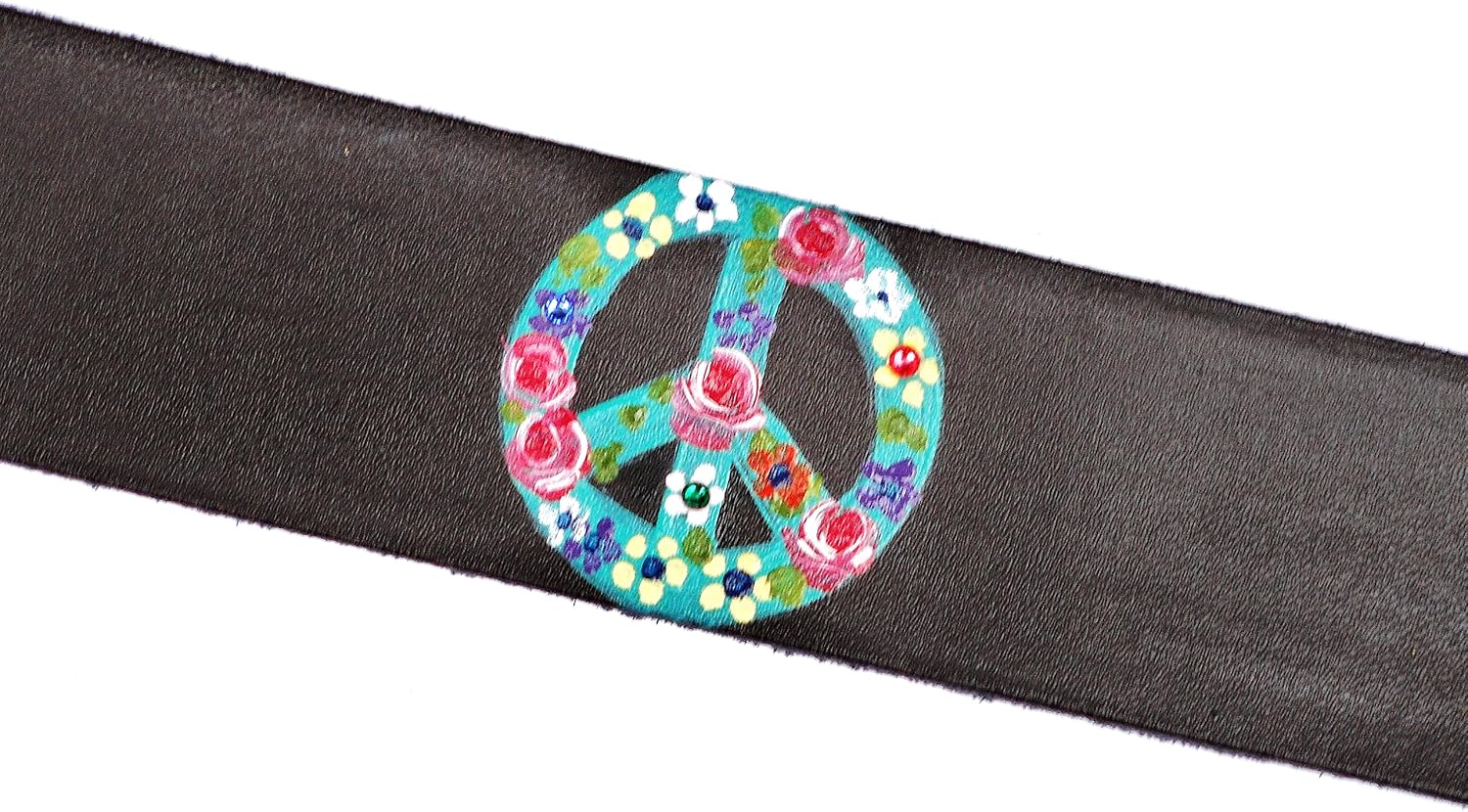 Handmade Adjustable Leather Cuff Bracelet in Your Color Choice with Artist Hand Painted Turquoise Peace Sign and Flowers Boho Jewelry for Women Teen Girls