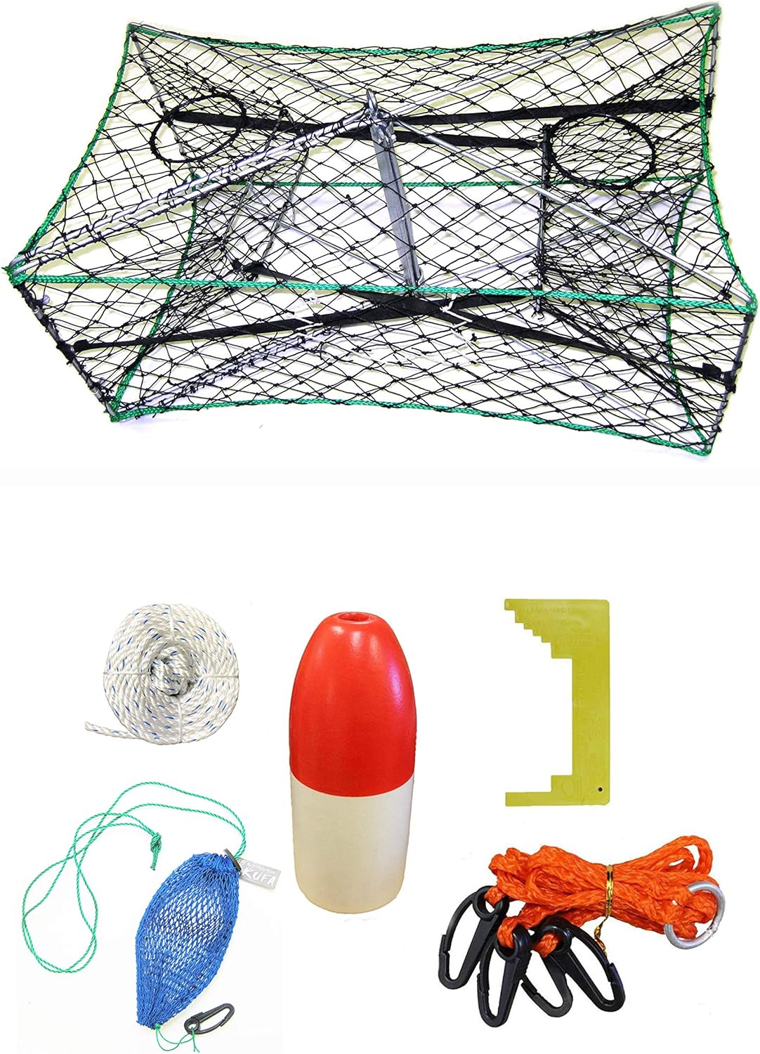 KUFA Galvanized Foldable Crab Trap & Accessory Kit (100' Non-Lead Sinking Line, Caliper,Harness,Bait Bag & 13" Red/White Float) S33+CAM34
