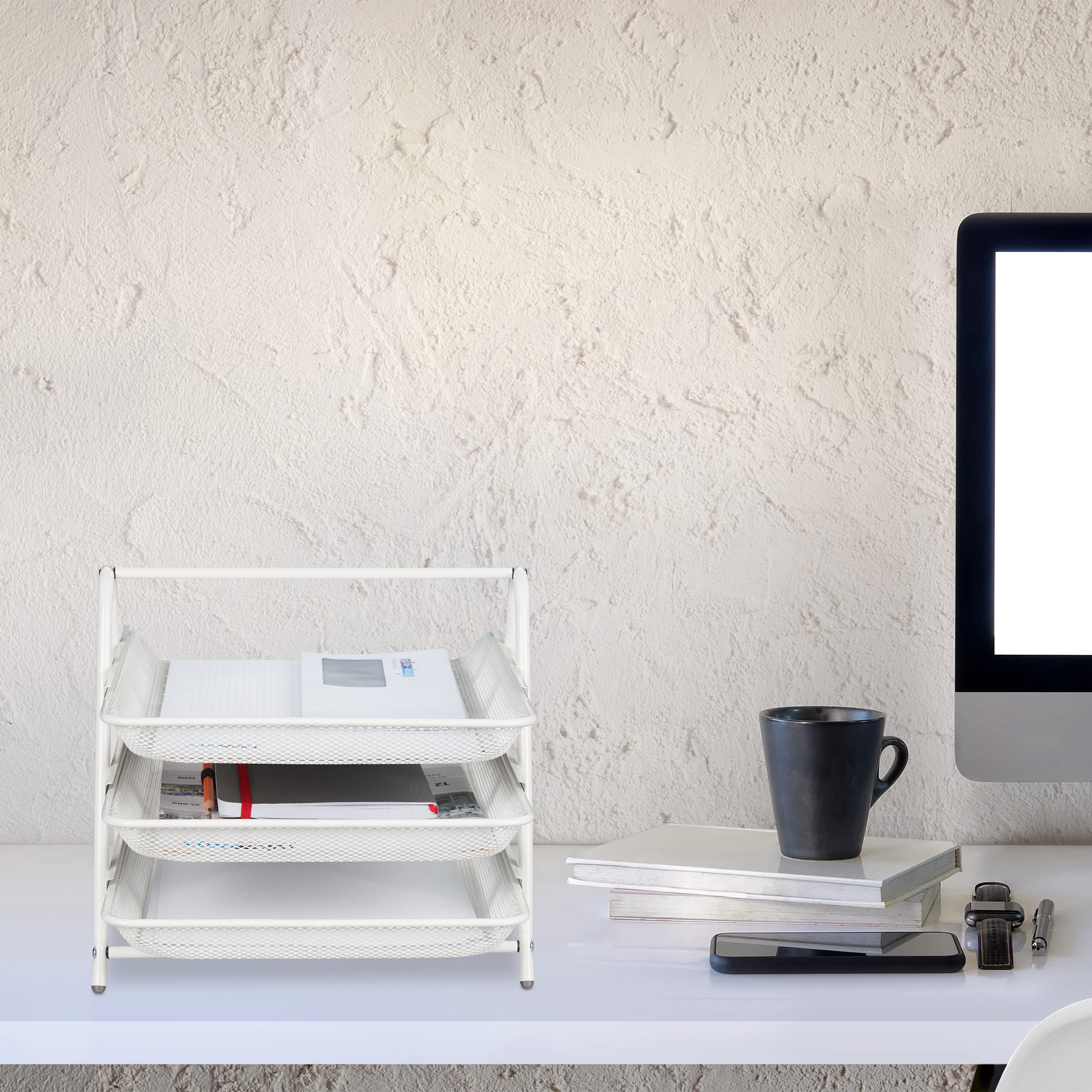 8x Vaschetta Portadocumenti in Metallo, 3 Vassoio, Design a Griglia, Portalettere A4, 26,5x29,5x35,5 cm, Bianco