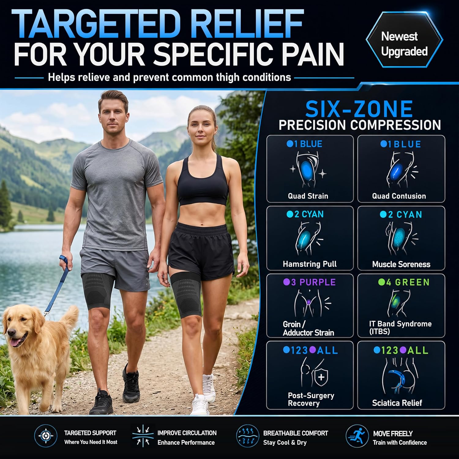 Hamstring Compression Sleeve for Men and Women - Non-Slip Thigh Compression Sleeve, Graduated Support for Running, Hamstring Strain Recovery - Breathable Upper Leg Sleeve, Black Large