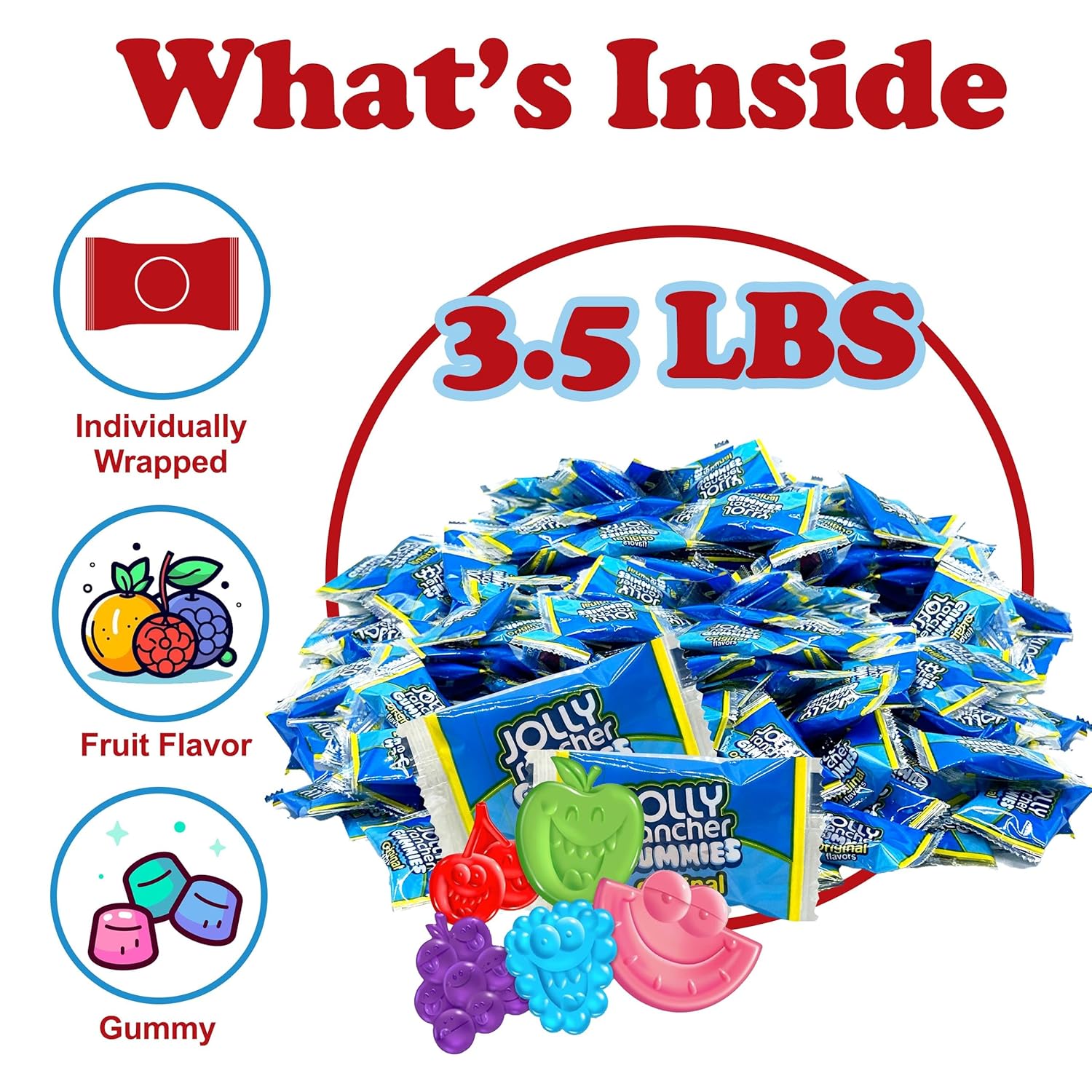JolliRancher Gummies Original Flavors, 3.5 Lbs Individually Wrapped Bulk Gummy Candy, Assorted Fruit Flavored Gummies, Soft and Chew Gummy Jellies for Goodie Bags, Birthday Parties