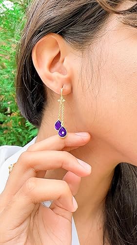 Miniatura 2 de Aretes largos de oro vermeil de 18 quilates para mujer, cadena de cable de cristal, delicada piedra natal, joyería hipoalergénica para regalos