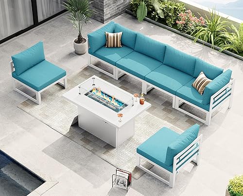 Miniatura 728 de NICESOUL 7 Piece White Powder-Coated Aluminum Patio Furniture with Fire Pit Table, 29 Inch Extra Wide Outdoor Sectional Sofa for 6, High-End Heavy