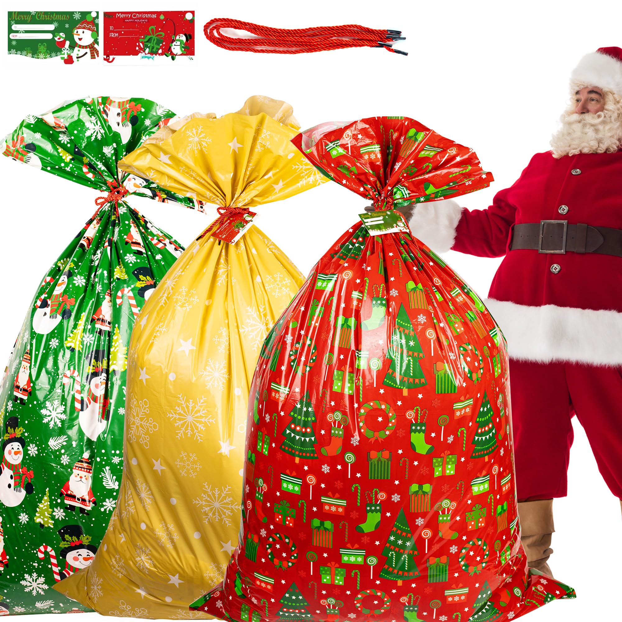2 Pezzi Sacchetti Regalo Natale, Buste Regalo Natale Grandim, 91 x 142 cm, Buste Regalo Grandi con Etichetta e Cravatta, per Compleanno, Feste (1x