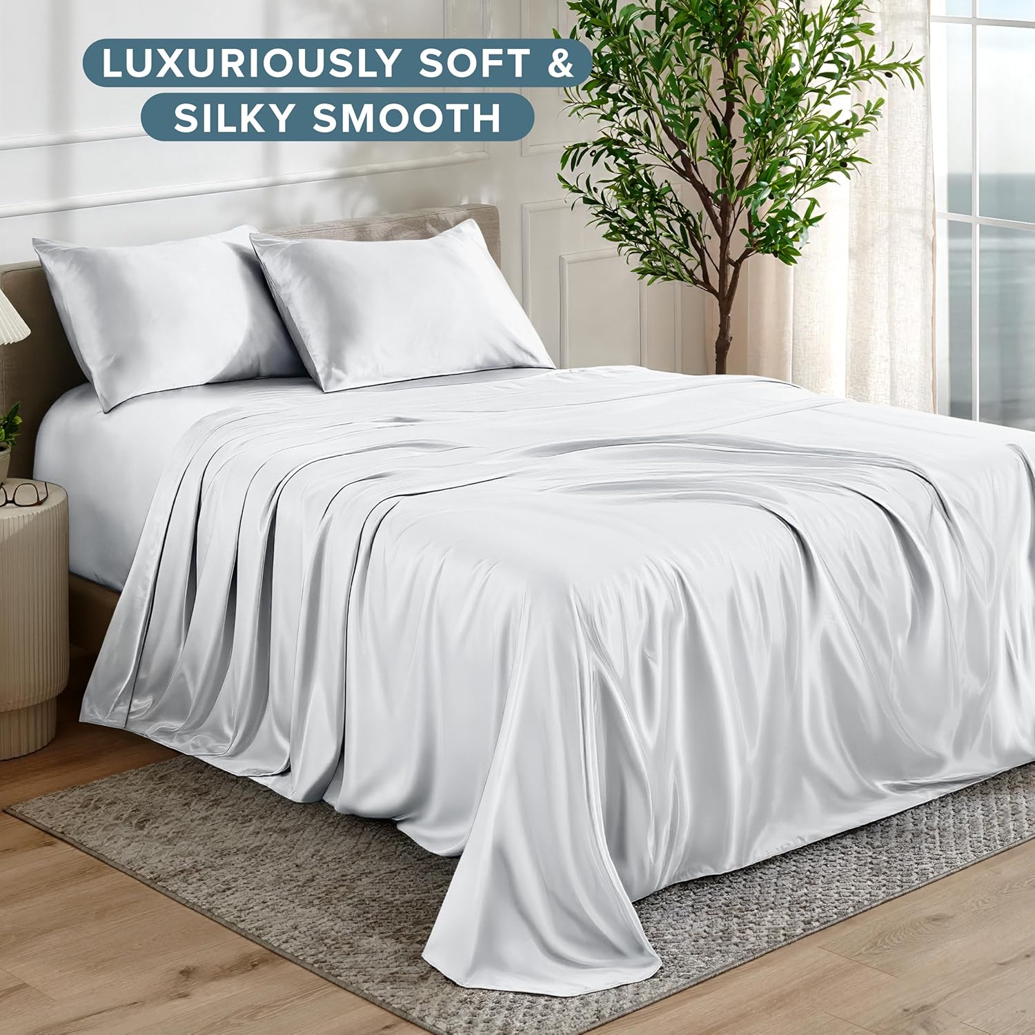 Bare Home Queen Poly Satin Sheet Set - Luxury Soft and Smooth Satin - for Hair and Skin - Breathable - Similar to Silk - Deep Pocket up to 15” - Bedding Sheet Set (Queen, White)
