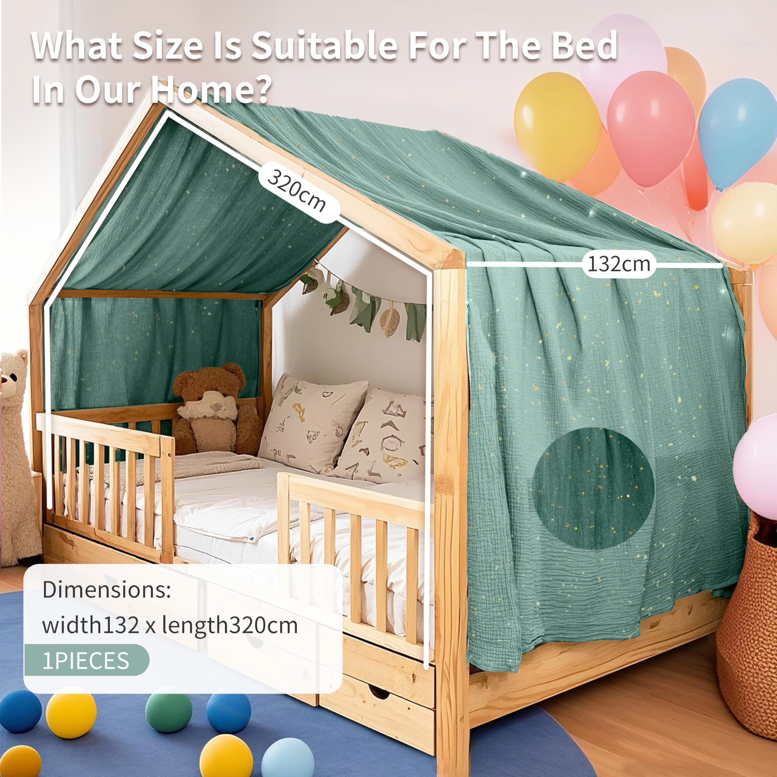 Home Bettbezug mit Goldener Applikation, handgefertigt aus 100% Baumwoll-Musselin, Stoffhimmel für die Hausbett-Dekoration, geeignet für Mädchen und Jungen (Eukalyptus, 132 x 320 cm)