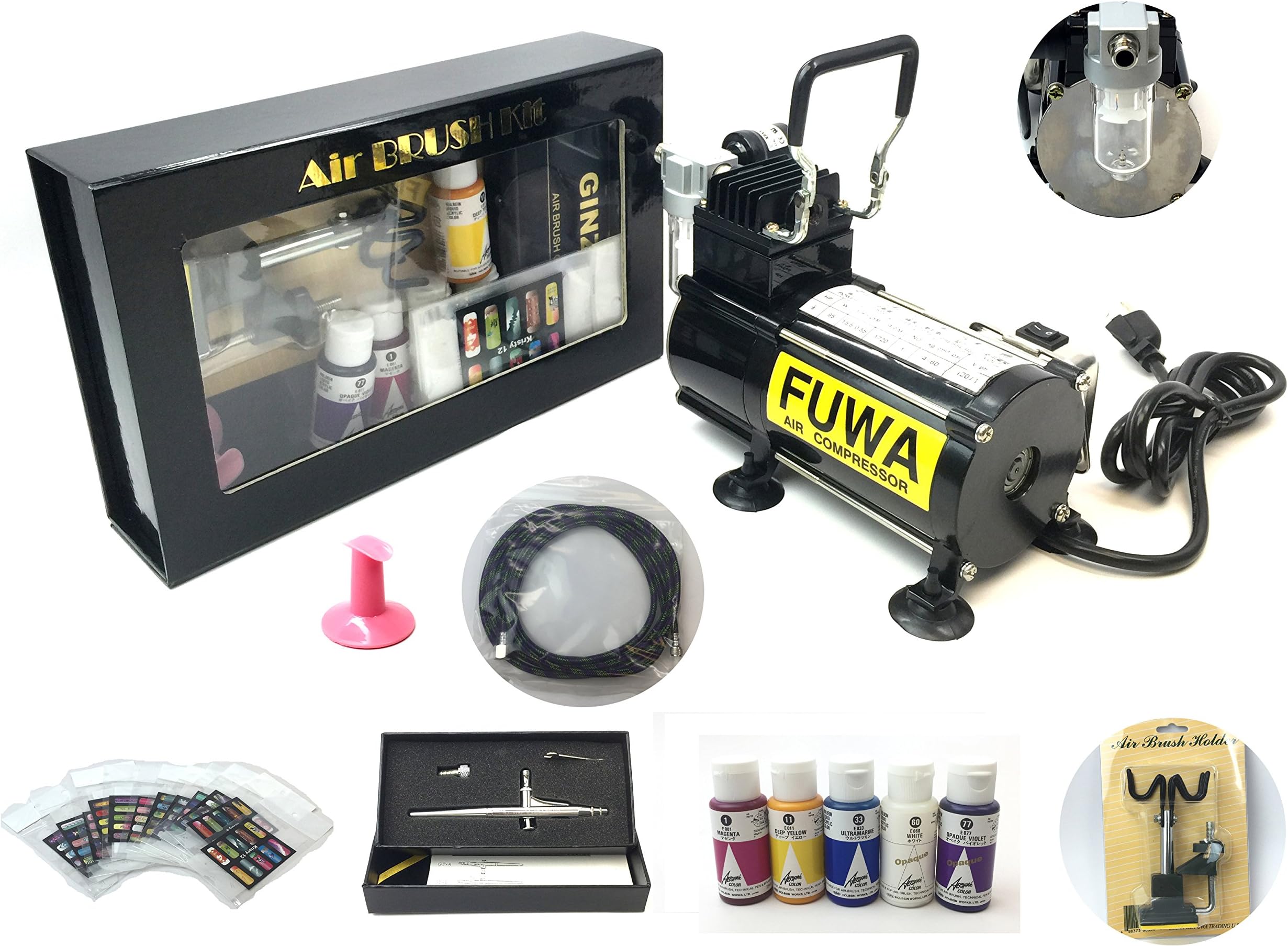 Fuwa Mini Airbrush Compressor Complete System Kit for use on Nails, Tattoo, or Tanning (Kit Includes: Holbein Aeroflash Colors from Japan, Ginza Airbrush Gun, and Some other Airbrush Parts)