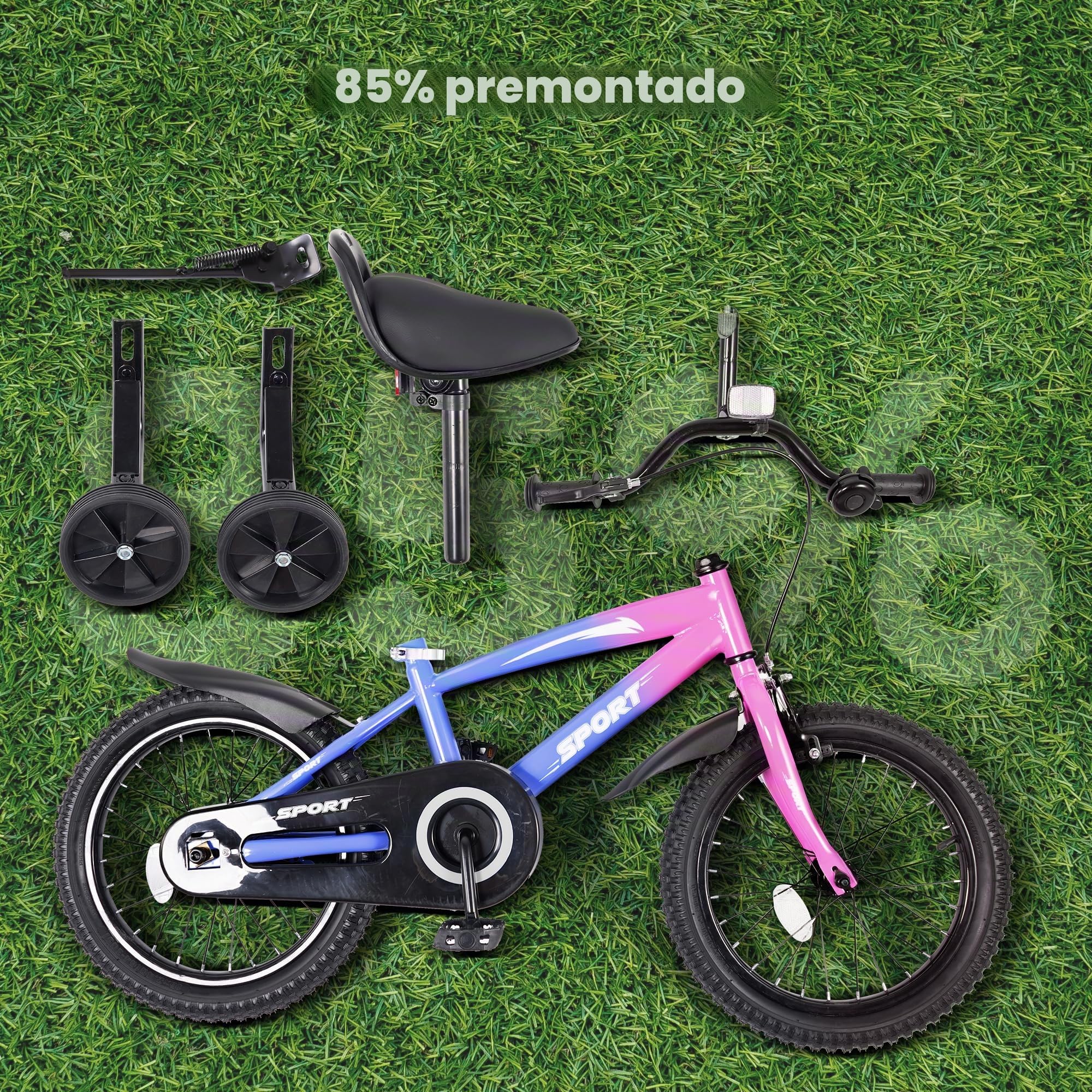 BODIOO Bicicleta infantil de 16 pulgadas para niños y niñas con asiento ajustable, ruedas estabilizadoras, freno de mano, freno de contrapedal y marco estable para ciclistas de 104 a 117 cm (morado