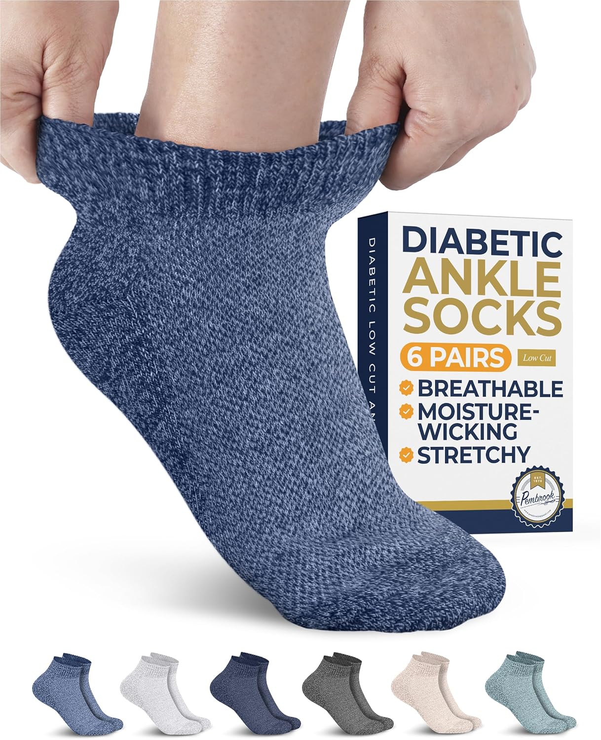 Pembrook Ankle Diabetic Socks for Women and Men - 6 Pairs | Low Cut Neuropathy Socks for Women | Smooth Toe Seams