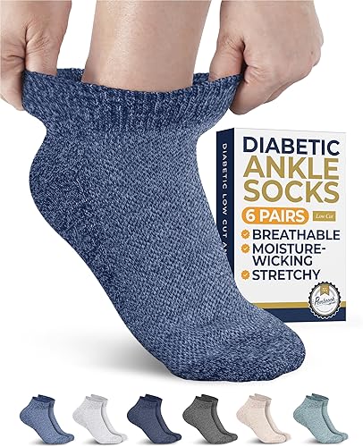 Pembrook Calcetines tobilleros para diabéticos para mujeres y hombres, 6 pares, calcetines de neuropatía de corte bajo para mujer, costuras suaves