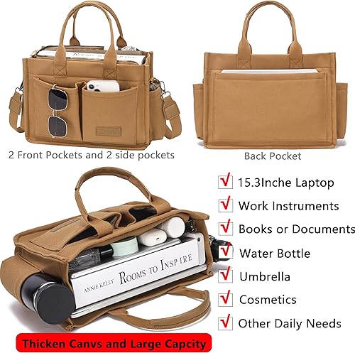Miniatura 2 de Bolso de mano para mujer con compartimentos, bolso grande de lona para mujer, bolso cruzado de trabajo, portátil, bolsa de libros, bolsos de hombro