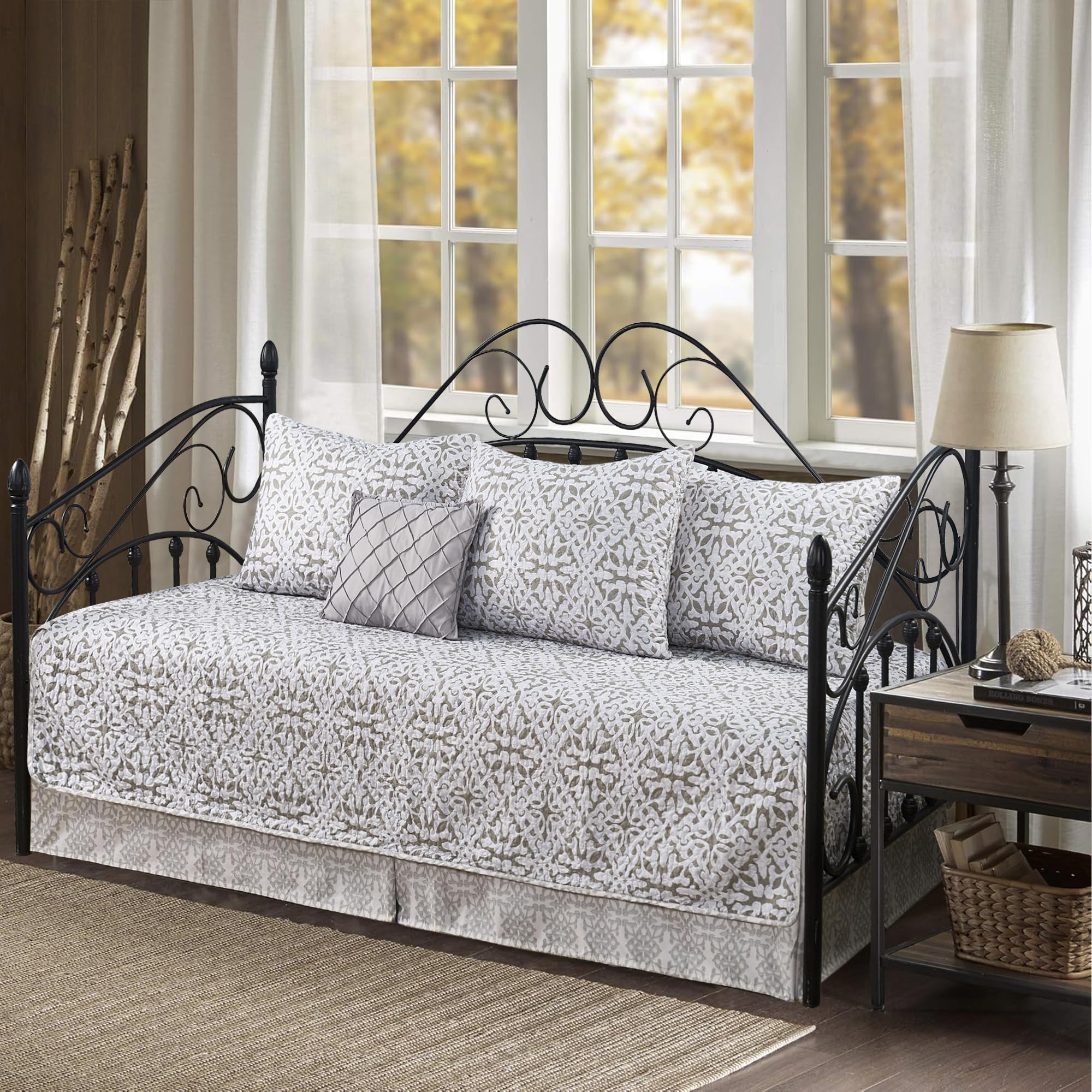 6 Piece Reversible Microfiber Geometry Printed Daybed Cover Set, All Season Luxury Bedding with Bedskirt, Matching Shams, Decorative Pillow, 75"x39", Gray
