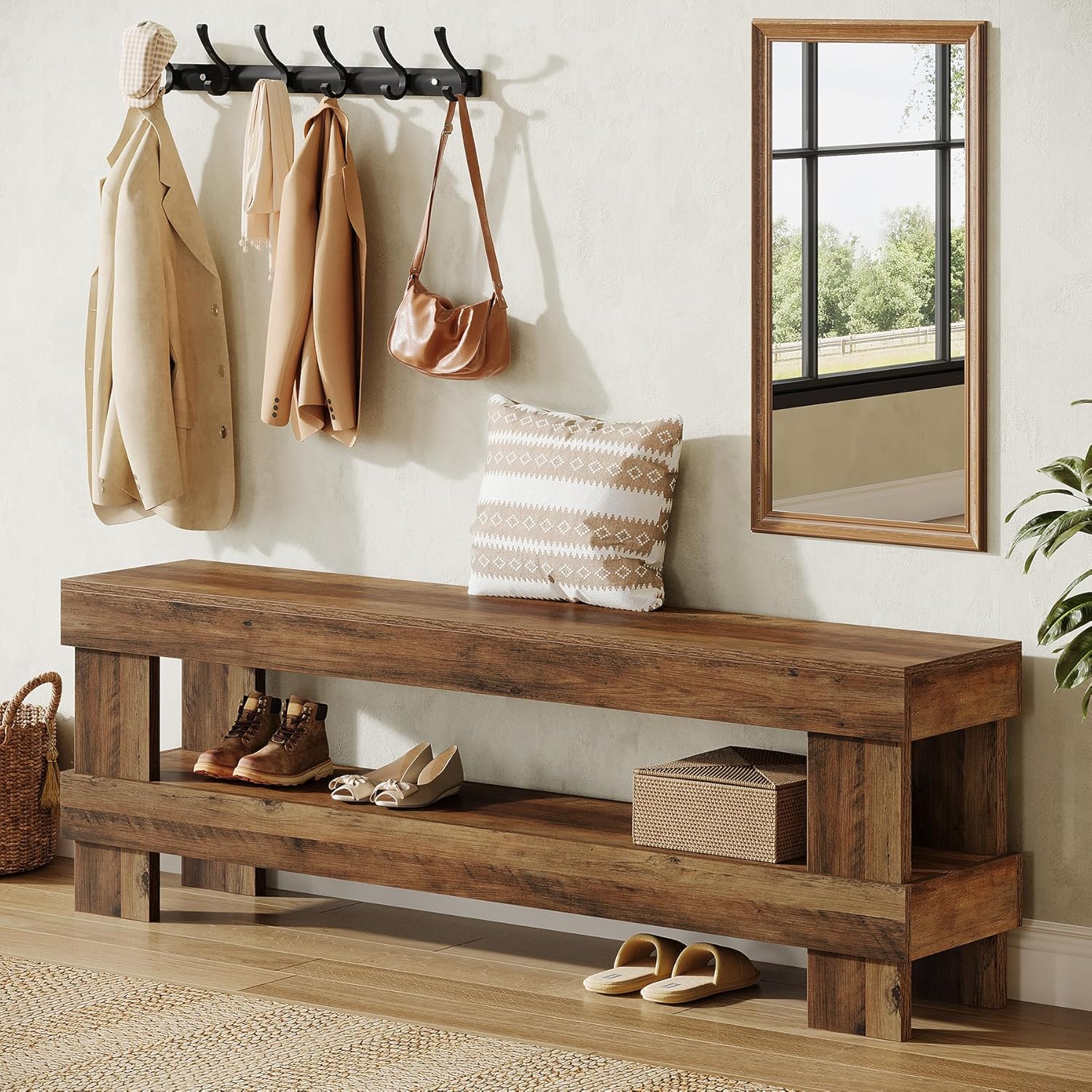 Tribesigns Farmhouse Entryway Bench, 59-Inch Long Shoe Bench Seat with Open Storage Shelf, 2-Tier Narrow End of Bed Benches for Bedroom, Entryway, Hallway, Indoor, Living Room (Rustic Brown)