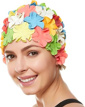 Beemo Floral Petal Swim Cap for Women - Retro Latex Bathing Cap for Long & Short Hair, Vintage Flower Swim Hat with Ear Protection for Pool, Beach & Water Aerobics