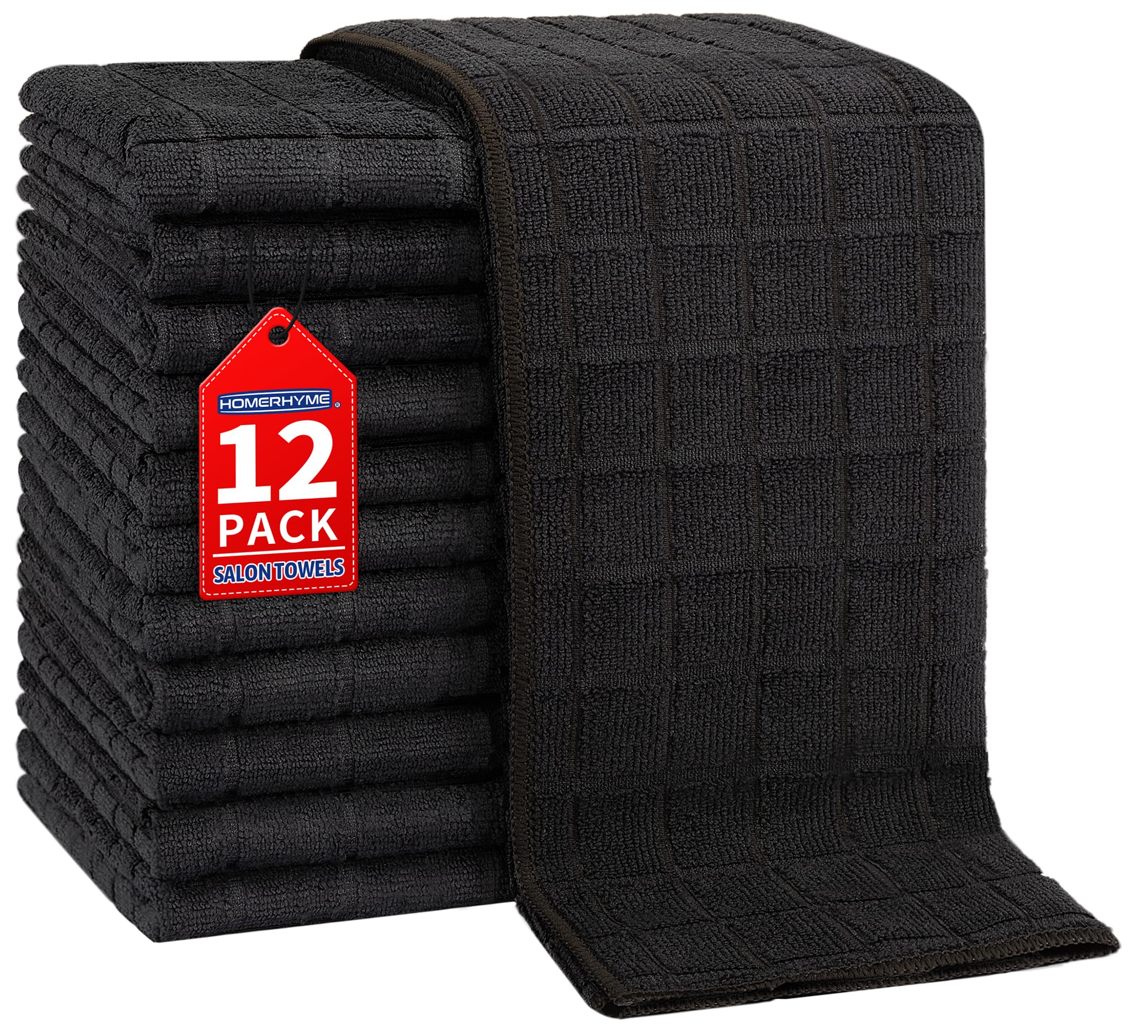 HOMERHYME Salon Towel, 12 Pack Black Hand Towels, 16 x 27 Inches Microfiber Barber Towel, Bulk Quick Dry Absorbent Microfiber Hair Towels for Gym, Hand, Spa, Pedicure and Home (Not Bleach Proof)