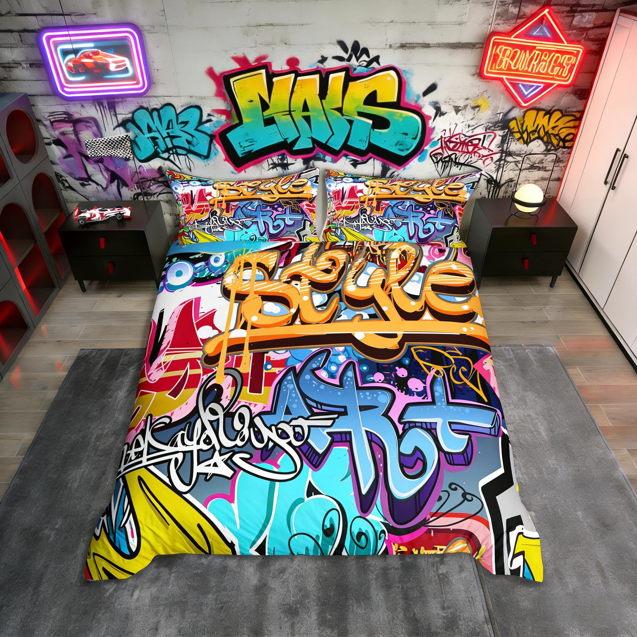 Loussiesd Hippie Graffiti Comforter Cover Set King Size for Kids Boys Youth Duvet Cover Modern Bedclothes Wall Urban Street Art Bedspread Cover with 2 Pillow Shams Zipper&Ties Personalized