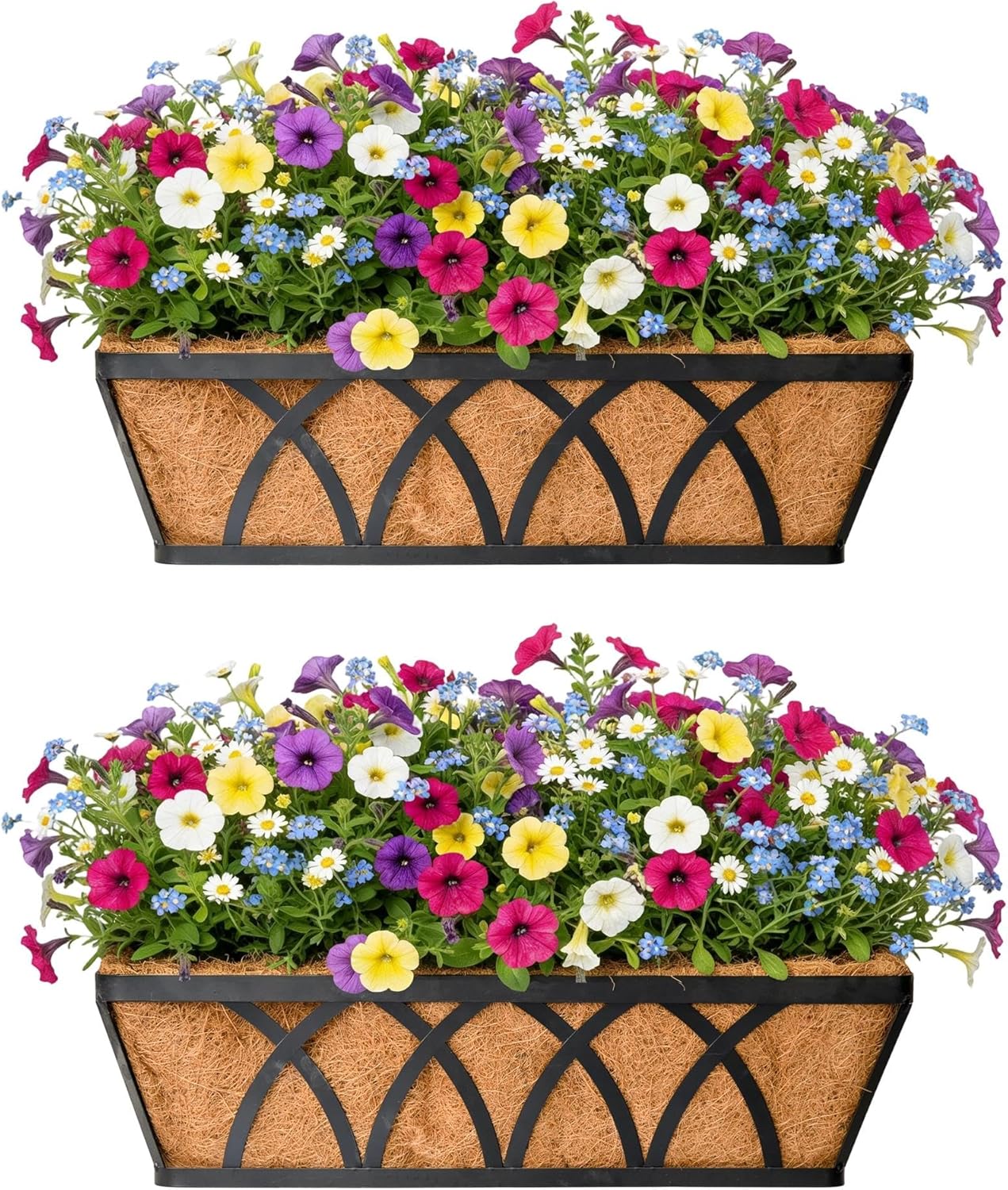24 Inch Window Box Railing Planter Boxes with Coconut Liner,Black Metal Hanging Flower Planter Window Boxes Horse Trough for Outdoor Garden Lawn,2 Packs