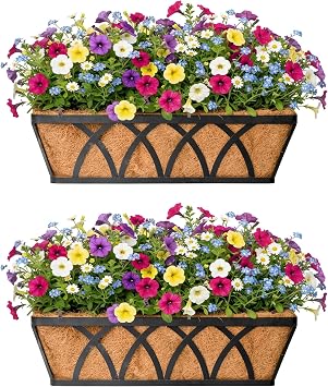 24 Inch Window Box Railing Planter Boxes with Coconut Liner,Black Metal Hanging Flower Planter Window Boxes Horse Trough for Outdoor Garden Lawn,2 Packs