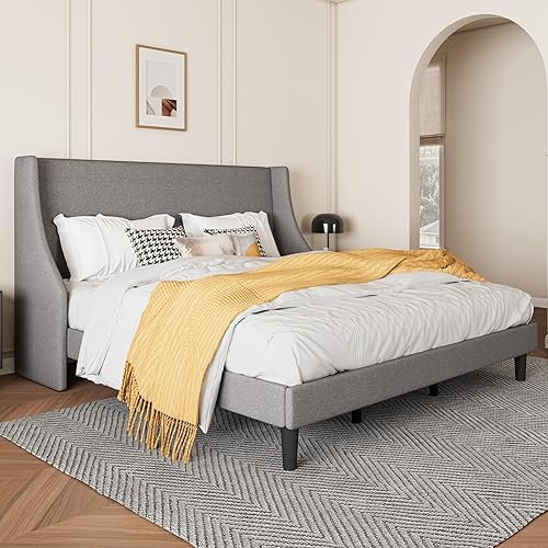 Miniatura 42 de SHA CERLIN Base de cama de plataforma tamaño Queen con cabecero tapizado, elegante diseño de respaldo de alas, soporte de listones de madera