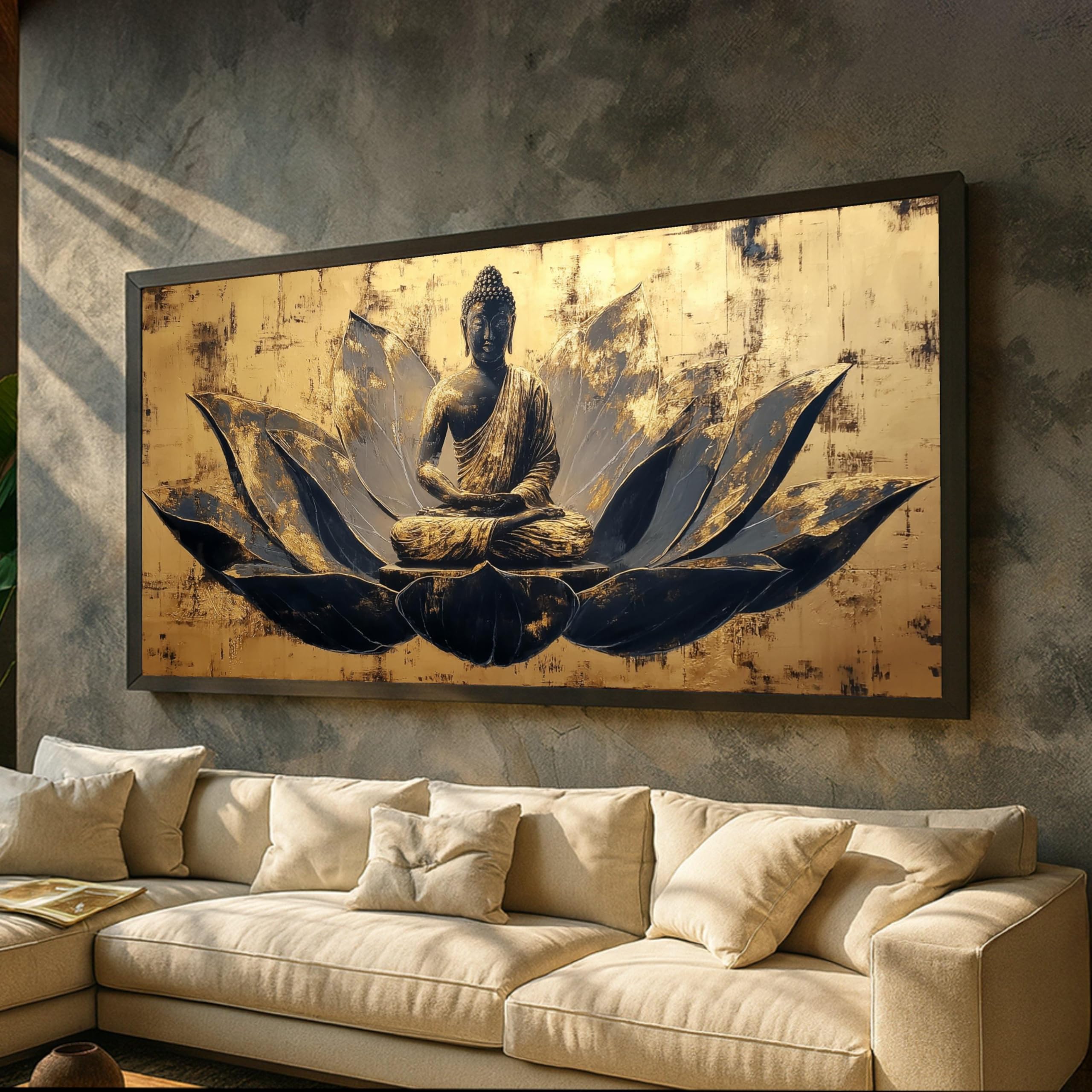 TONGYINLI Golden Lotus Canvas Wall Art, Meditation Buddha Oil Painting, Zen Spiritual CanvasPrint, Buddha Posters, Home Decor(80x150cm/Frameless)