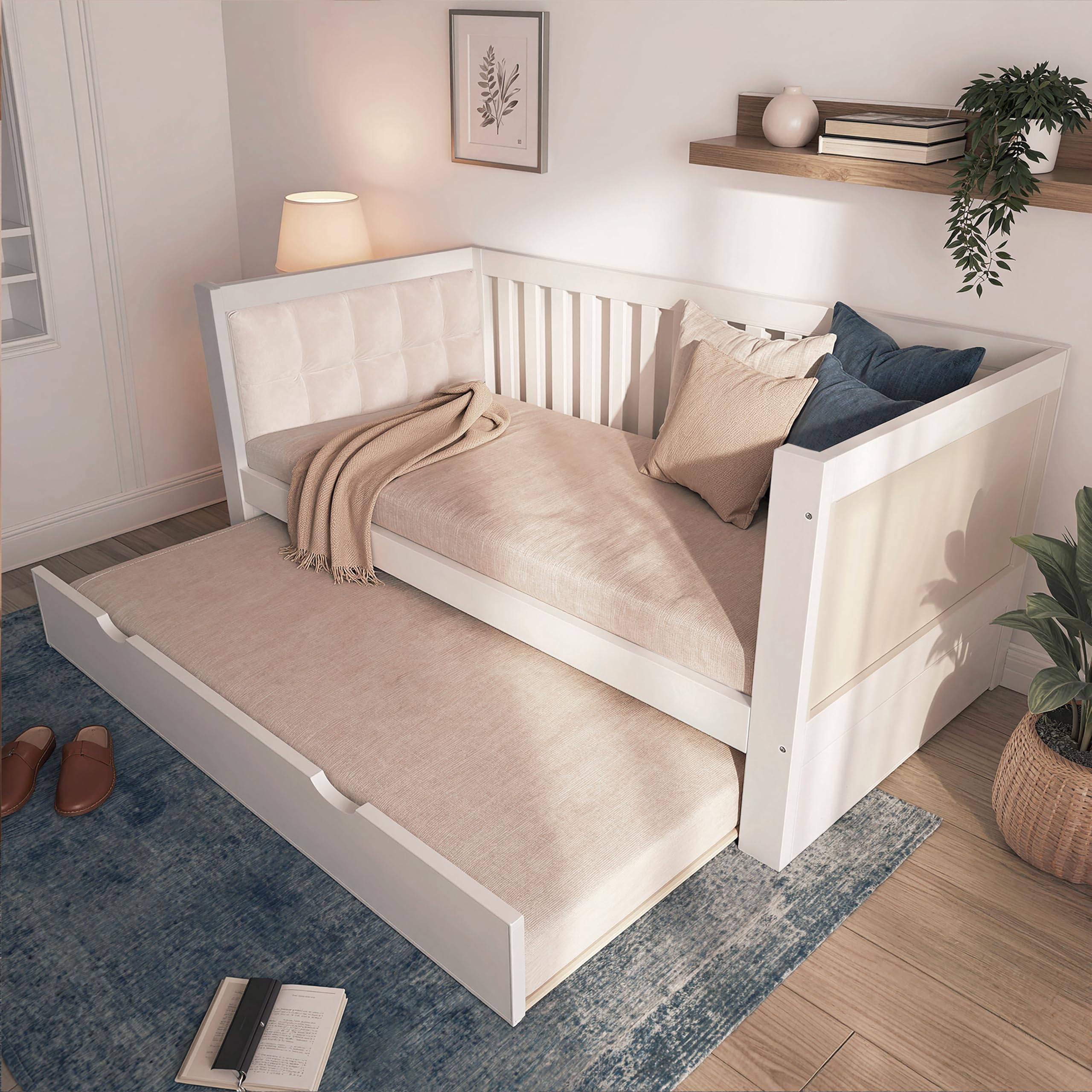 Soweiz Sofá cama blanco, madera, con reposabrazos redondeados, respaldo cómodo, perfecto para apartamentos pequeños, fácil montaje, sin colchón (90 x 200 cm con cama nido)
