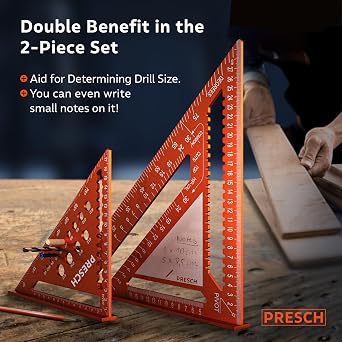 Presch Carpenters Square Set | 180mm & 300mm | Innovative wipeable note surface | Smart drilling guide for exact diameters | High-precision milled aluminum for permanently accurate 90° angles