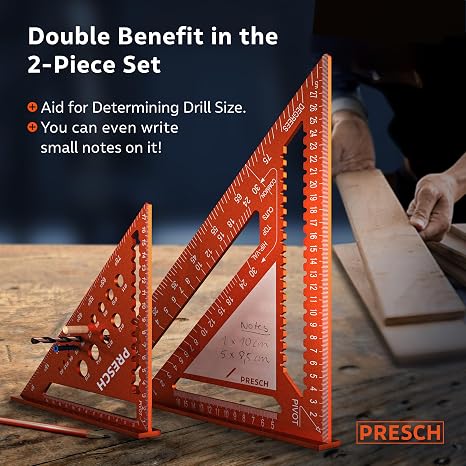 Presch Carpenters Square Set | 180mm & 300mm | Innovative wipeable note surface | Smart drilling guide for exact diameters | High-precision milled aluminum for permanently accurate 90° angles