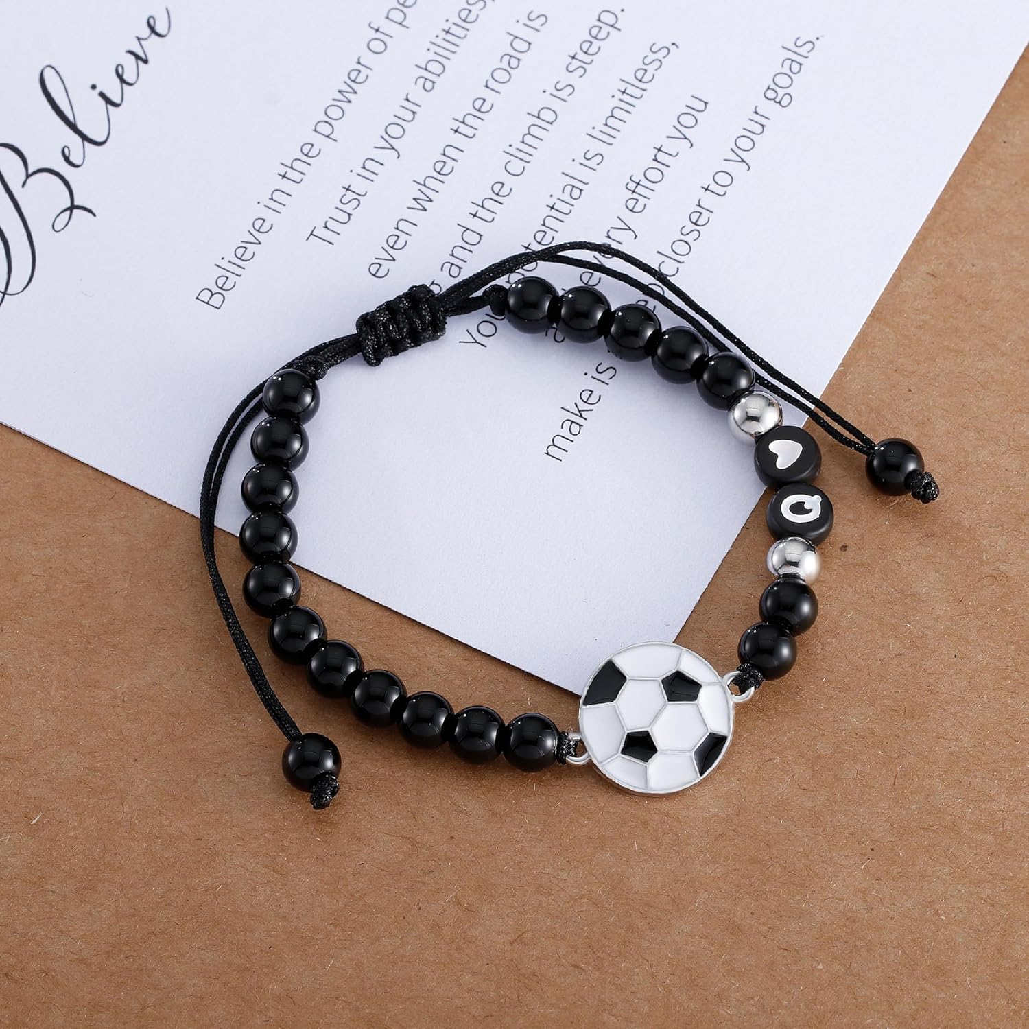 Haoze Football Soccer Initial Bracelet Black Beaded Bracelets Football Soccer Jewelry Sports Bracelet Gifts for Teen Football Lovers Football Soccer Accessories Birthday Gifts for Men Women - Image 2