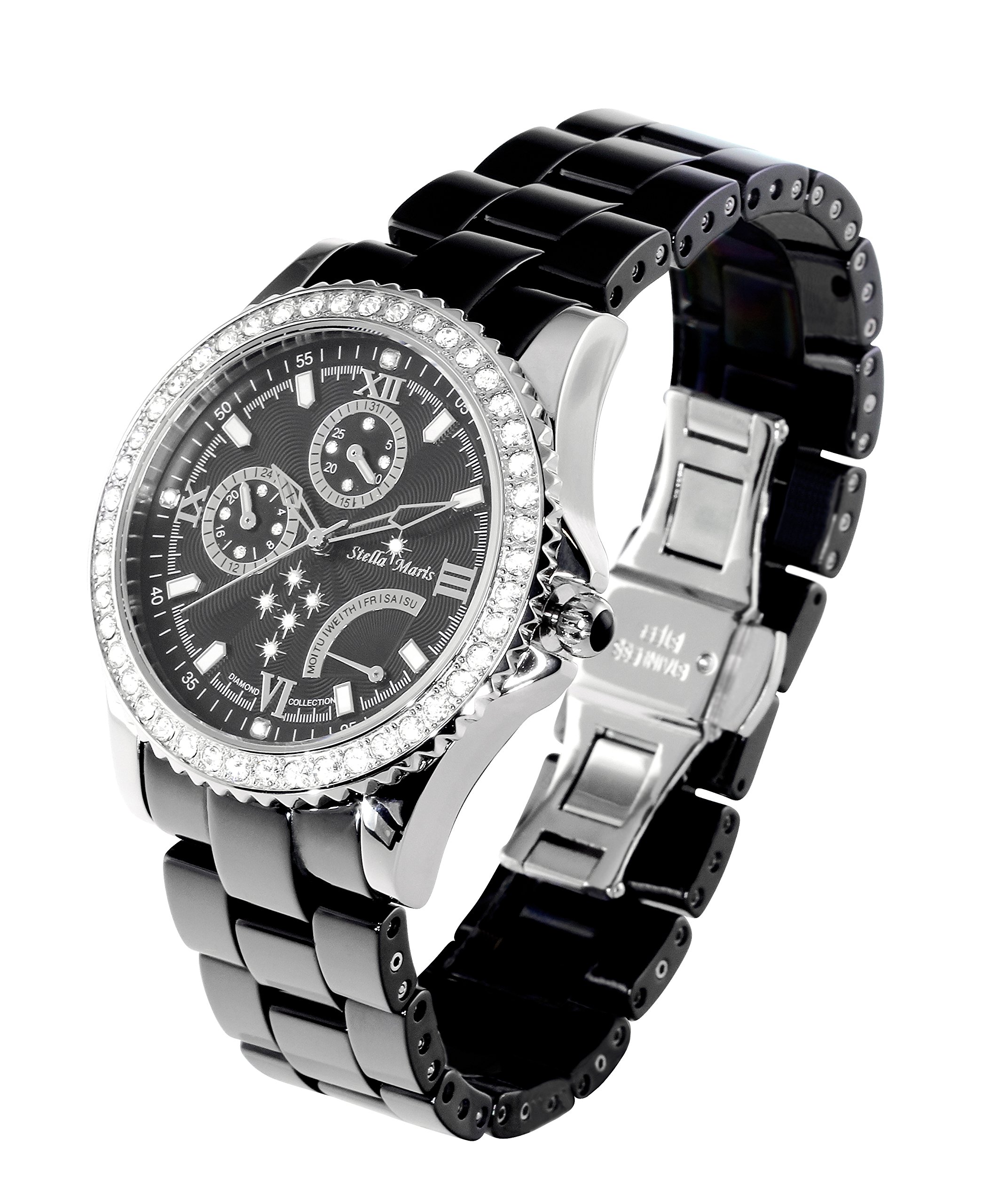 Stella Maris Damen Armbanduhr Analog Quarz Uhr Stilvolle Elegante Damenuhr Frauenuhr Schwarz Silber Premium Keramik Armband Diamanten Swarovski STM15N2