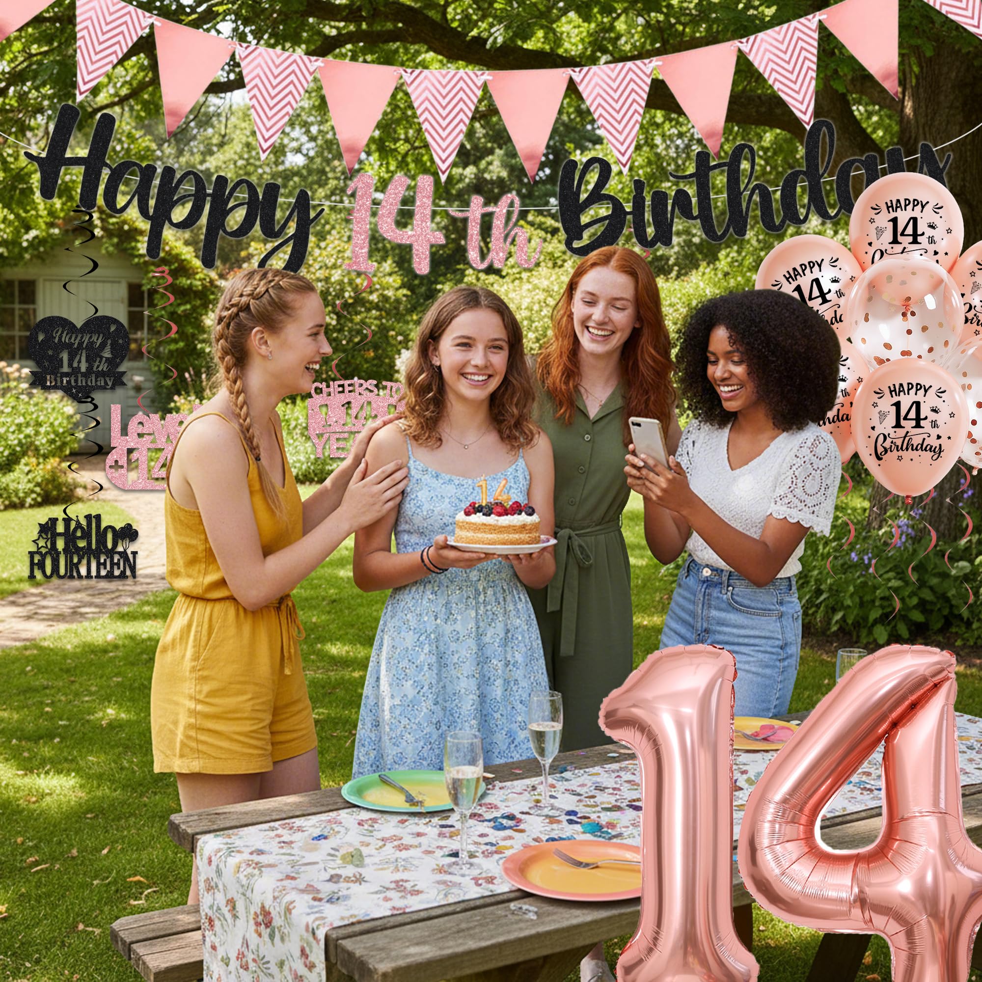 14th Birthday Decorations for Boys Girls - Black Rose Gold Glitter Happy 14th Birthday Letter Banner and Pennant Flags, Number 14 Foil Balloons and Hanging Swirls for 14 Years Old Children Party - 5