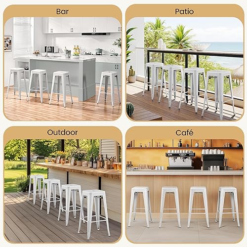 Miniatura 6 de Yaheetech Juego de 4 taburetes de bar de metal de 30 pulgadas, herramientas de barra sin espalda, sillas de bar apilables industriales con