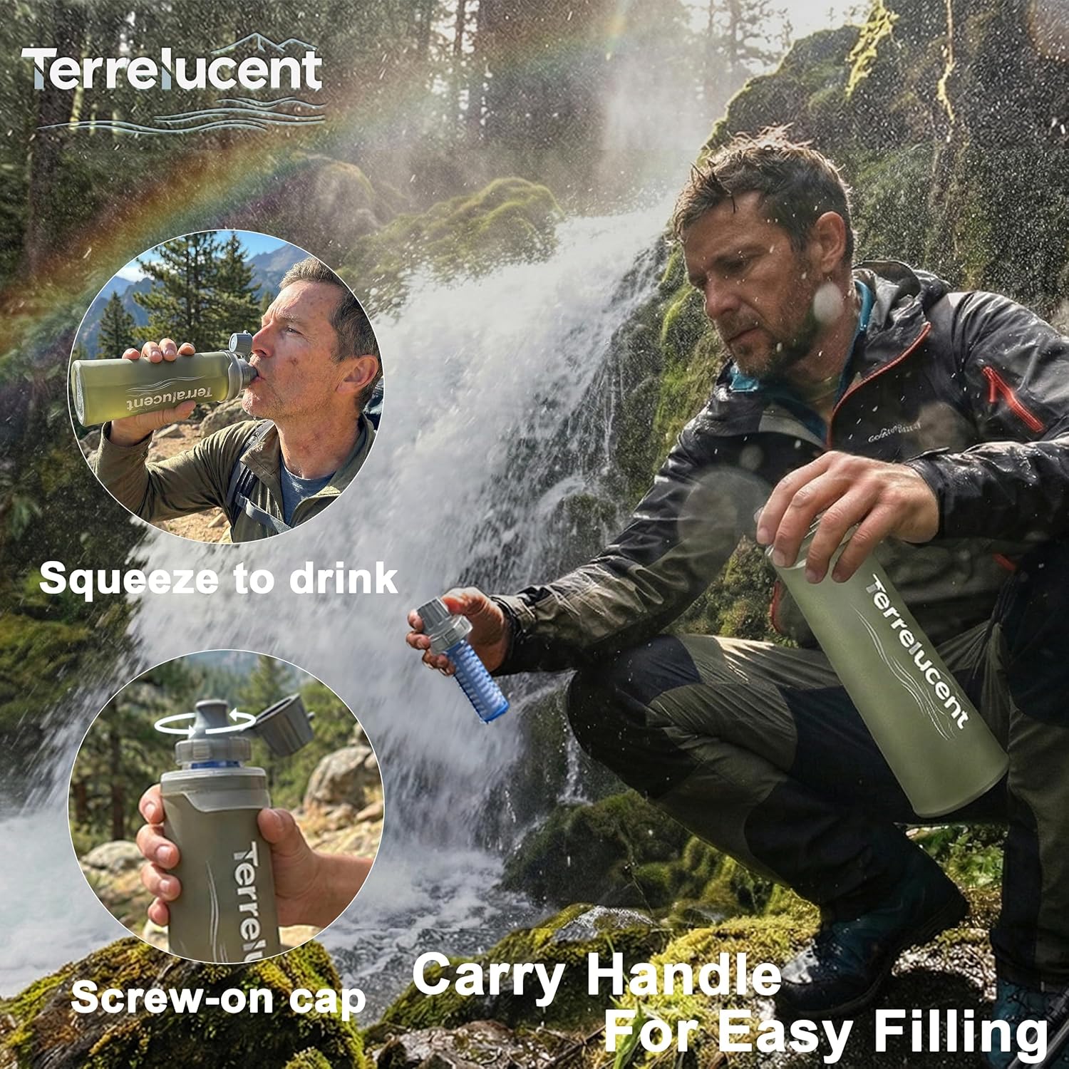 750ML Collapsible Water Bottle with Filter, Squeeze Filtered Water Bottle, BPA-Free, Dual Filtration, Ultralight Water Filter System for Hiking, Camping, Backpacking (Gray, 25.4 OZ)