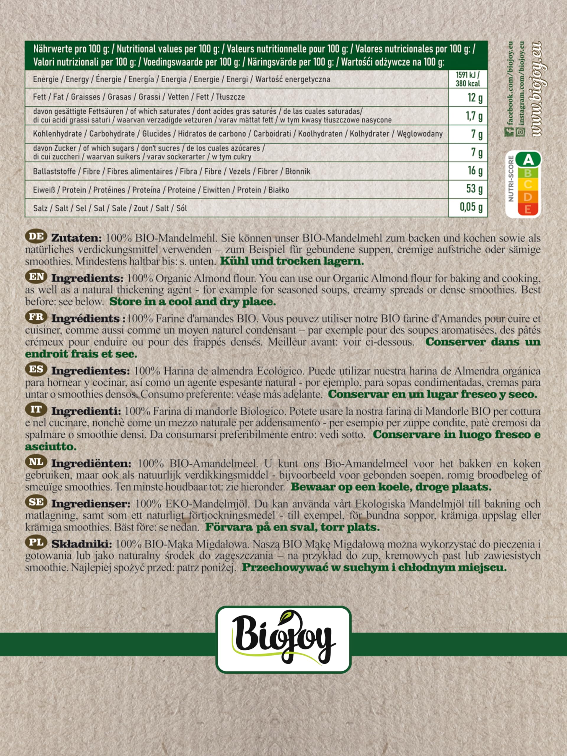 Biojoy Harina de Almendra Desgrasada Ecológica (1 kg), molida suavemente y sin aditivos