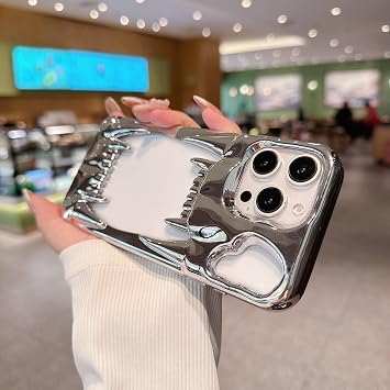 ゴシック 3D ホロー ホラー デビルパターン ケース iPhone 15 Pro Max用 ラグジュアリークロームカラーメッキ 放熱性サーマルデザイン 耐衝撃バンパー ハロウィン用 - シルバー