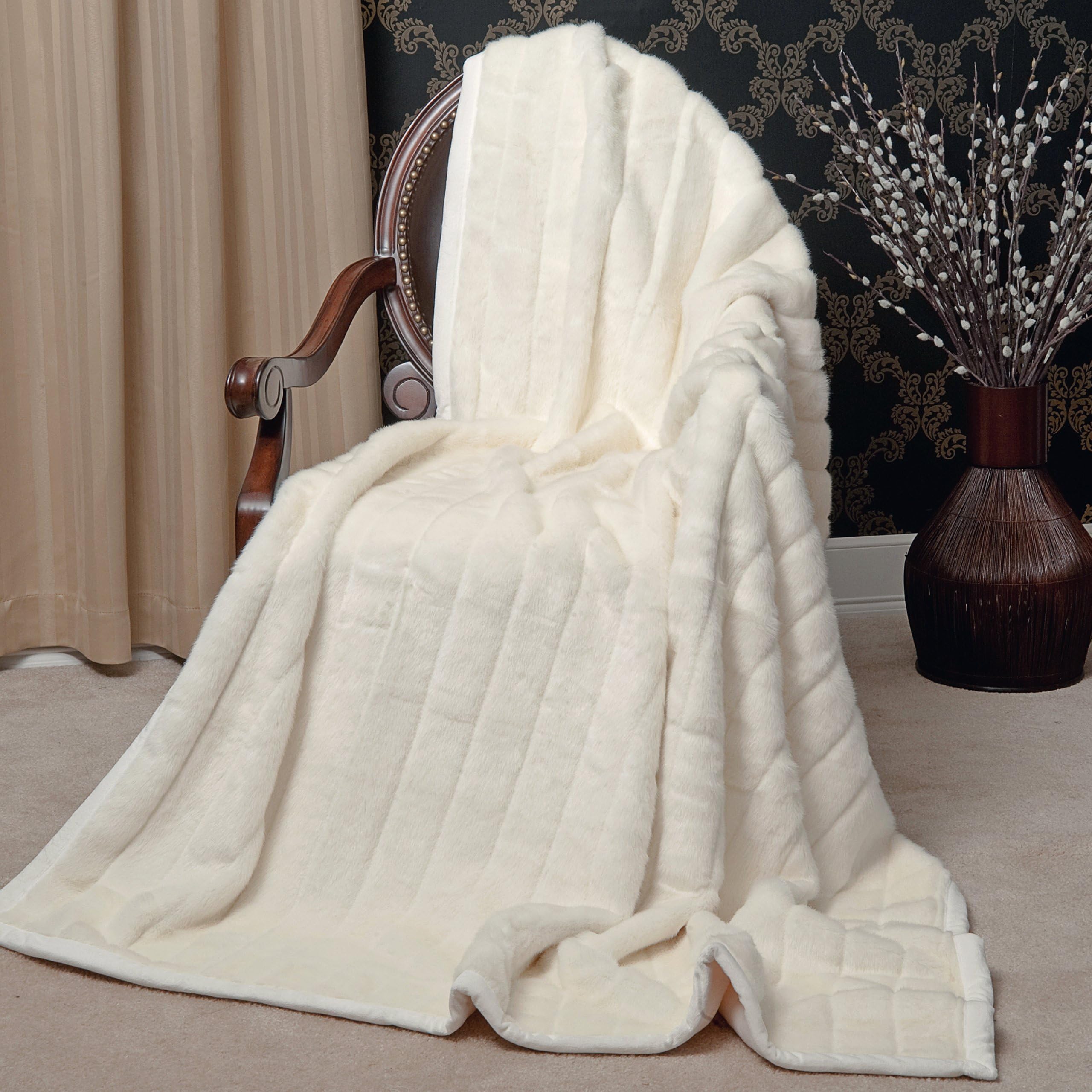 "MINK" FAUX FUR THERMAL THROW BLANKET - White / Off White / Light Beige color
