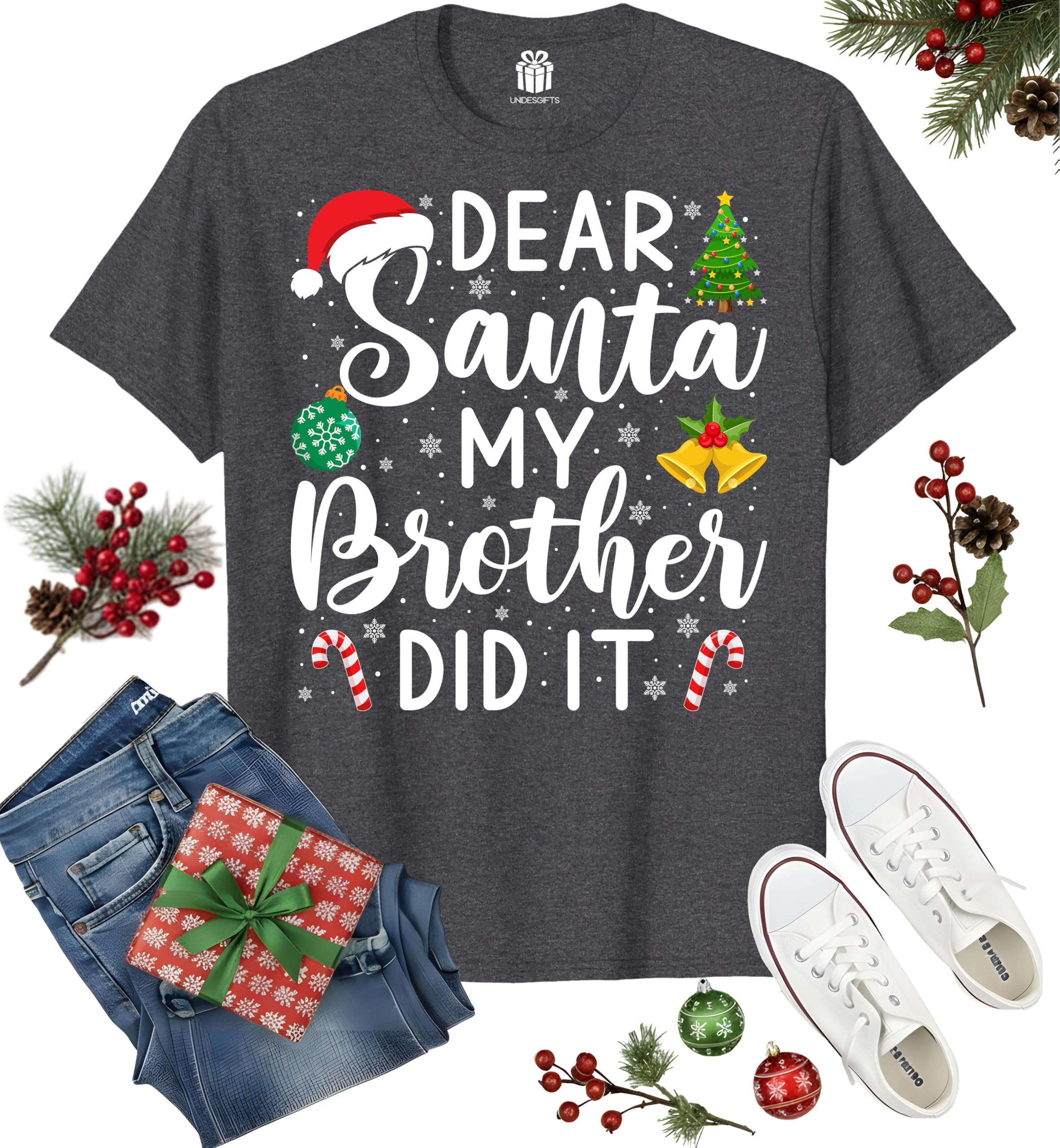 Dear Santa My Brother Did It Funny Christmas Matching Xmas Shirt for Youth Boys Girls Kids Toddler Son Daughter
