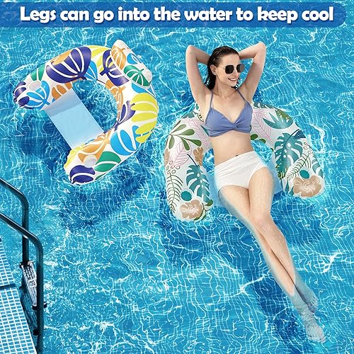 Miniatura 7 de Paquete de 2 flotadores inflables para piscina, flotante, viene con dos portavasos y reposacabezas ergonómico, ideal para fiesta en la piscina, río,