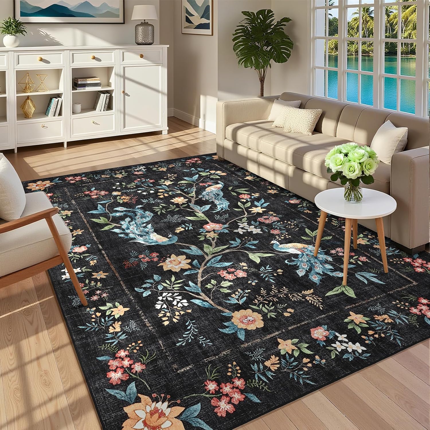 GarveeHome 5x7 Area Rug Floral Peacock Rugs and 5x7 Abstract Area Rug Soft Low Pile Non Slip Accent Floor Mat Grey Beige Throw Rug