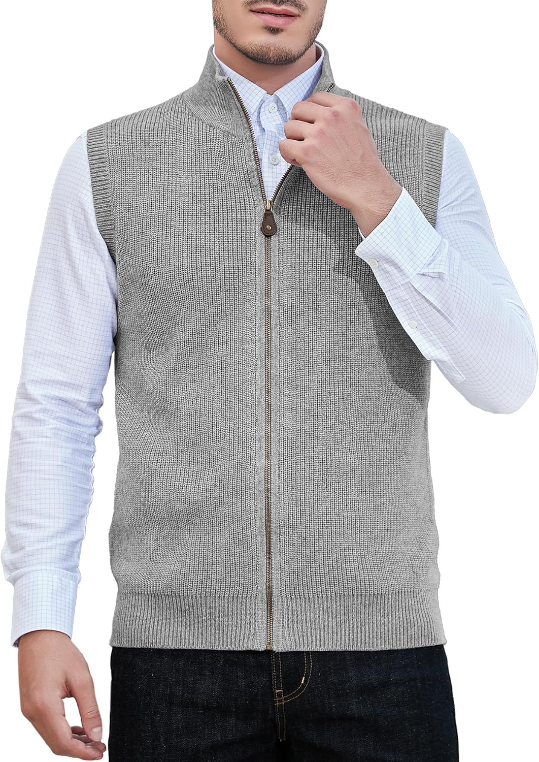 Kallspin Men's Wool Blend Sweater Cardigan Sleeveless Full Zip Cardigan Knit Classic Warm Wool Vest Sweater