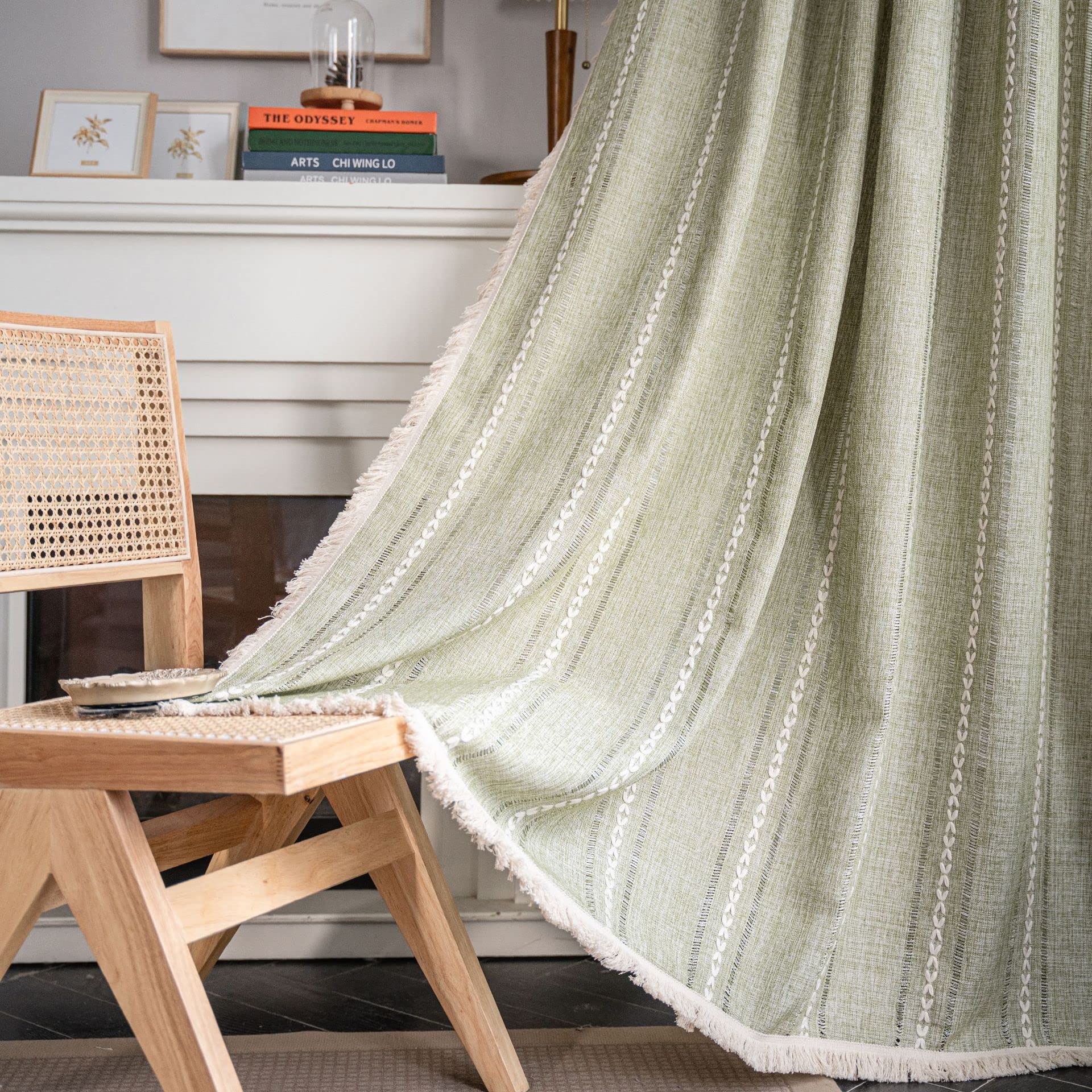 Plancholo Green Boho Curtain For Bedroom Living Room 79 Inches Long 1 Panel Striped Embroidered Farmhouse Cotton Linen Window Curtain Panel Rod Pocket Drape With Tassels (52" W X 79" L)