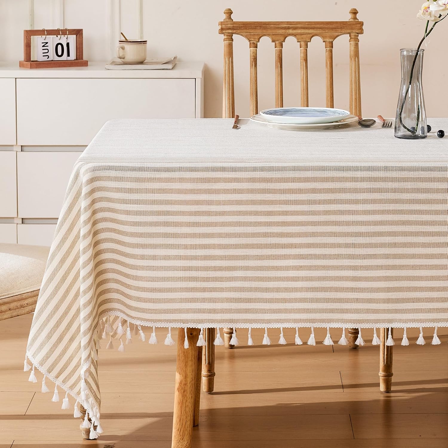 Striped Tablecloth Rectangular Cotton Linen Style Picnic Table Cloths Rectangle with Tassels Washable Table Cover Wrinkle Free for Summer Party Outdoor Dining Room,Beige and White,55x90