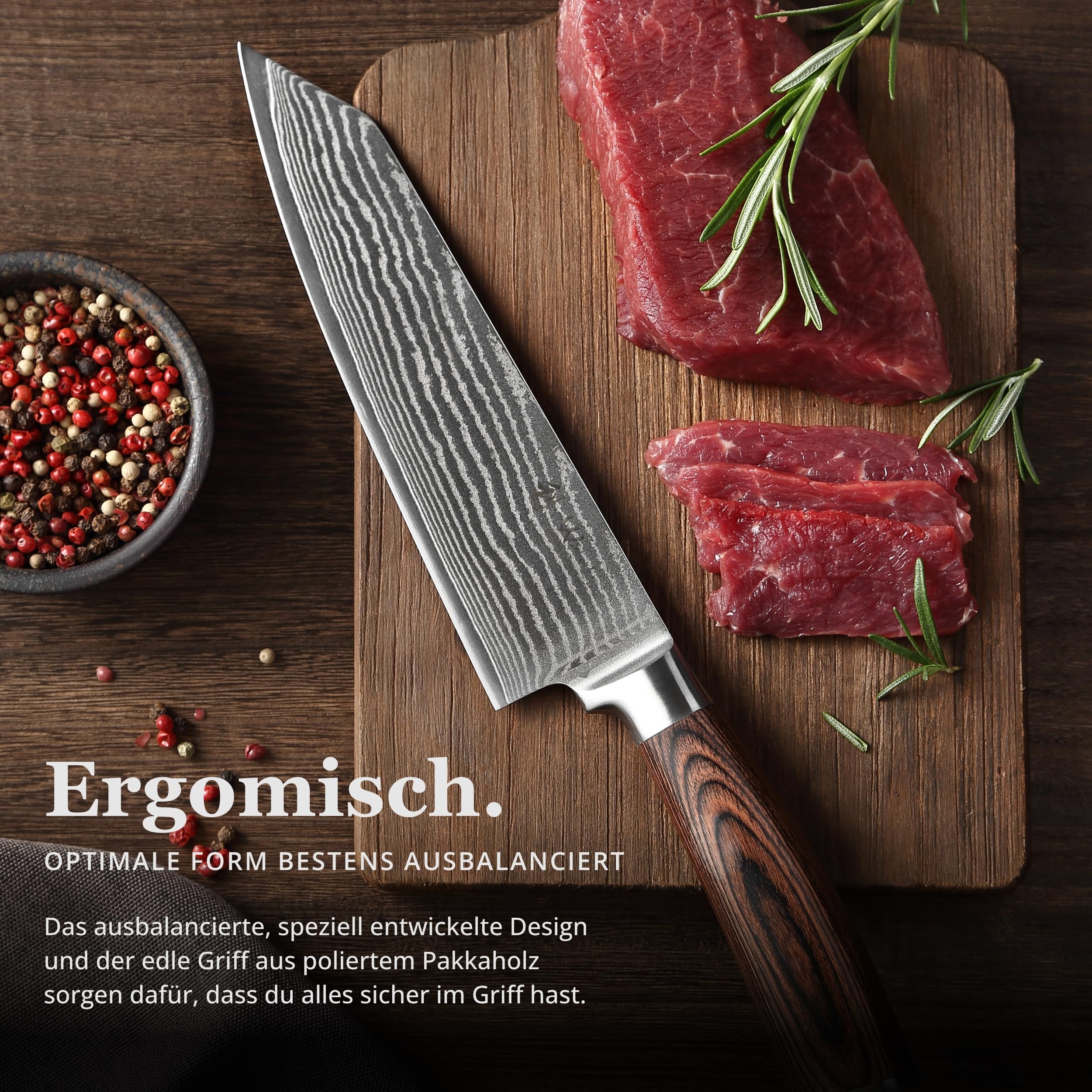 Wakoli EDIB Kiritsuke Messer mit 20 cm Klinge aus Damaststahl mit VG10 Kern | 67 Lagen, 60 ± 2 HRC, 33 cm Gesamtlänge, Pakkaholzgriff und Geschenkbox; beidseitiger V-Schliff für Fleisch, Fisch und Gemüse