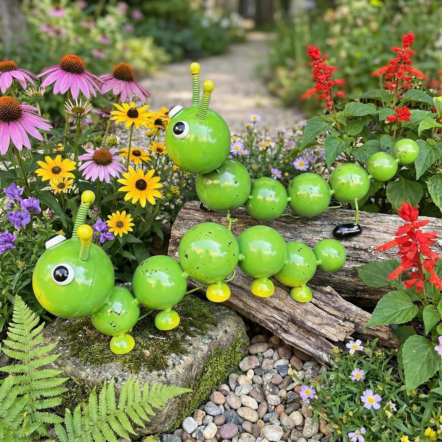 2 Pack Green Metal Caterpillar Garden Statues Outdoor Art, Cute Insect Lawn Ornaments for Backyard Patio Decorations, Funny Animal Yard Decor Gifts for Women Mom