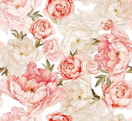Blooming Wall PS040 - Papel pintado autoadhesivo autoadhesivo de peonía fresca y rosa extraíble para despegar y pegar