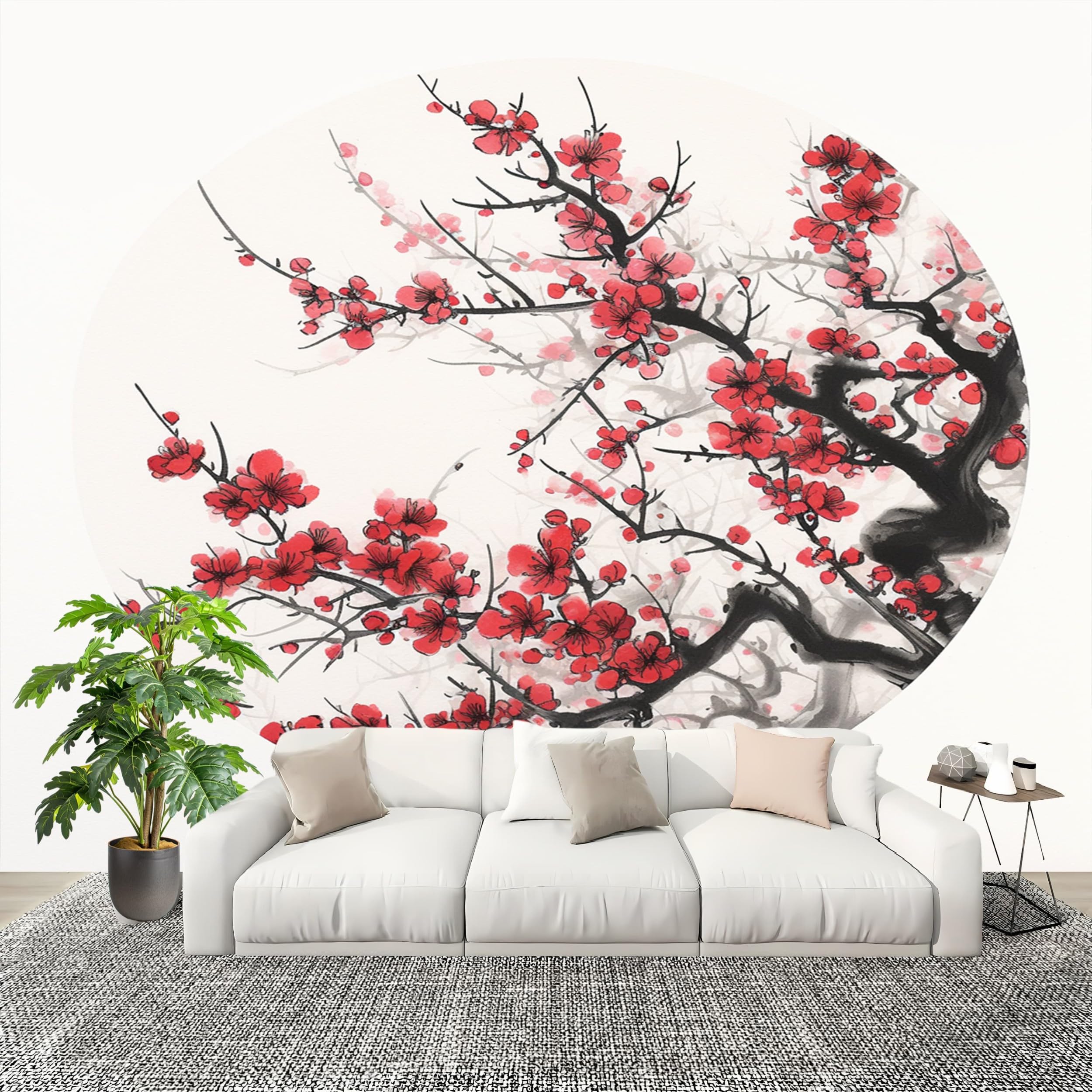 Wodoodporna, bezzapachowa tapeta do wnętrz 300 x 210 cm farba atramentowa śliwkowe kwiaty usuwalny fresk ścienny dekoracja biała fototapeta do mebli salon łazienka sypialnia szafa