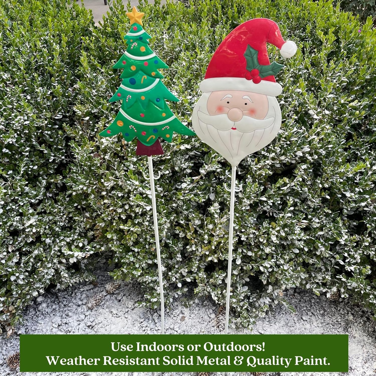 Clovers Garden Metal Christmas Tree and Santa Yard Stakes (Set of 2) and Light Stringers (Set of 2) for Outdoor, Indoor, Lawns, Walkways, Planters or Wall Decor