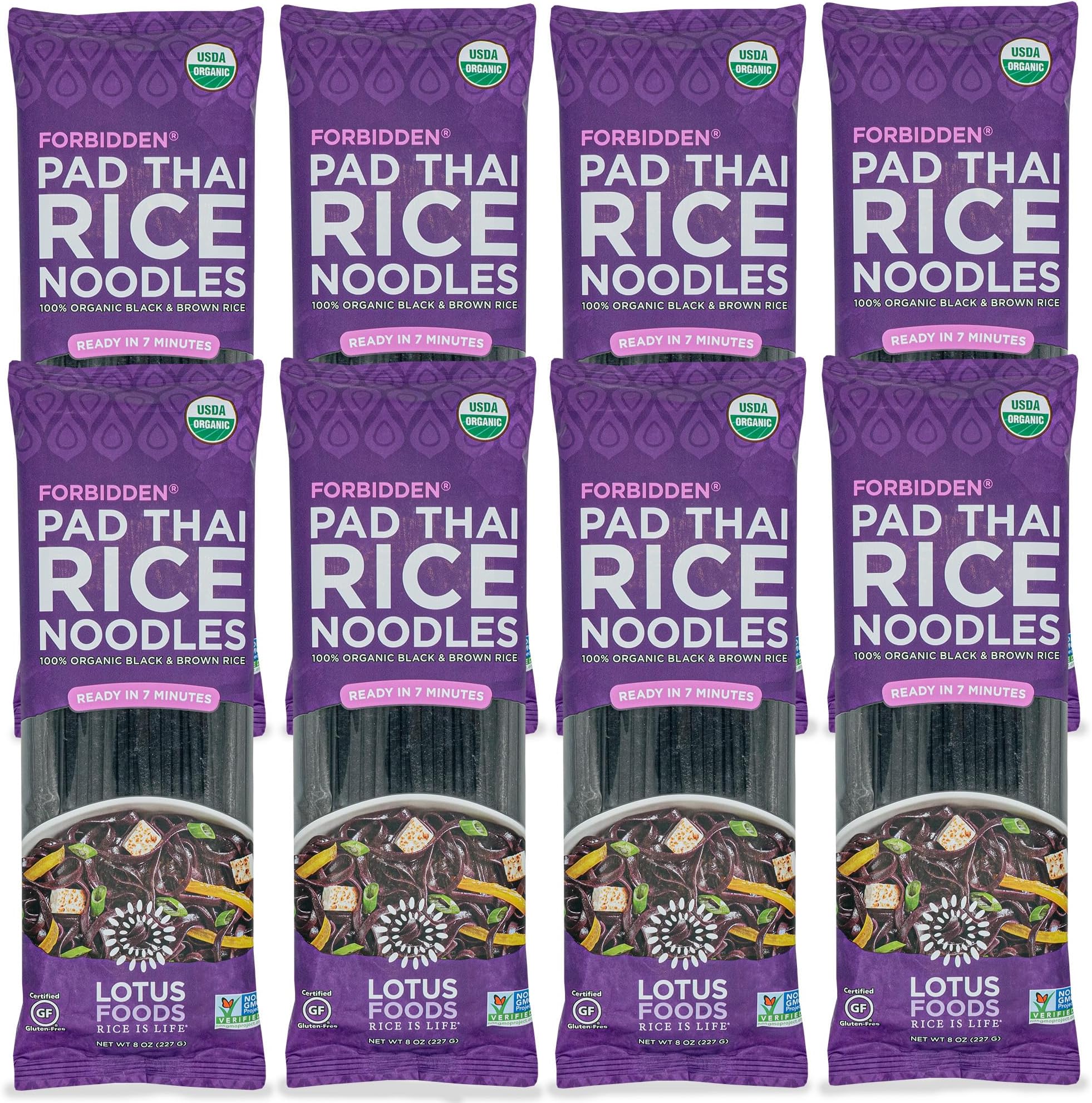 Organic Forbidden Rice Pad Thai Noodles - Asian Style Noodles for Pho or Stir Fry, Gluten Free, Vegan, Whole Grain, Non GMO, Serve Hot or Cold - 8 Oz (Pack of 8)